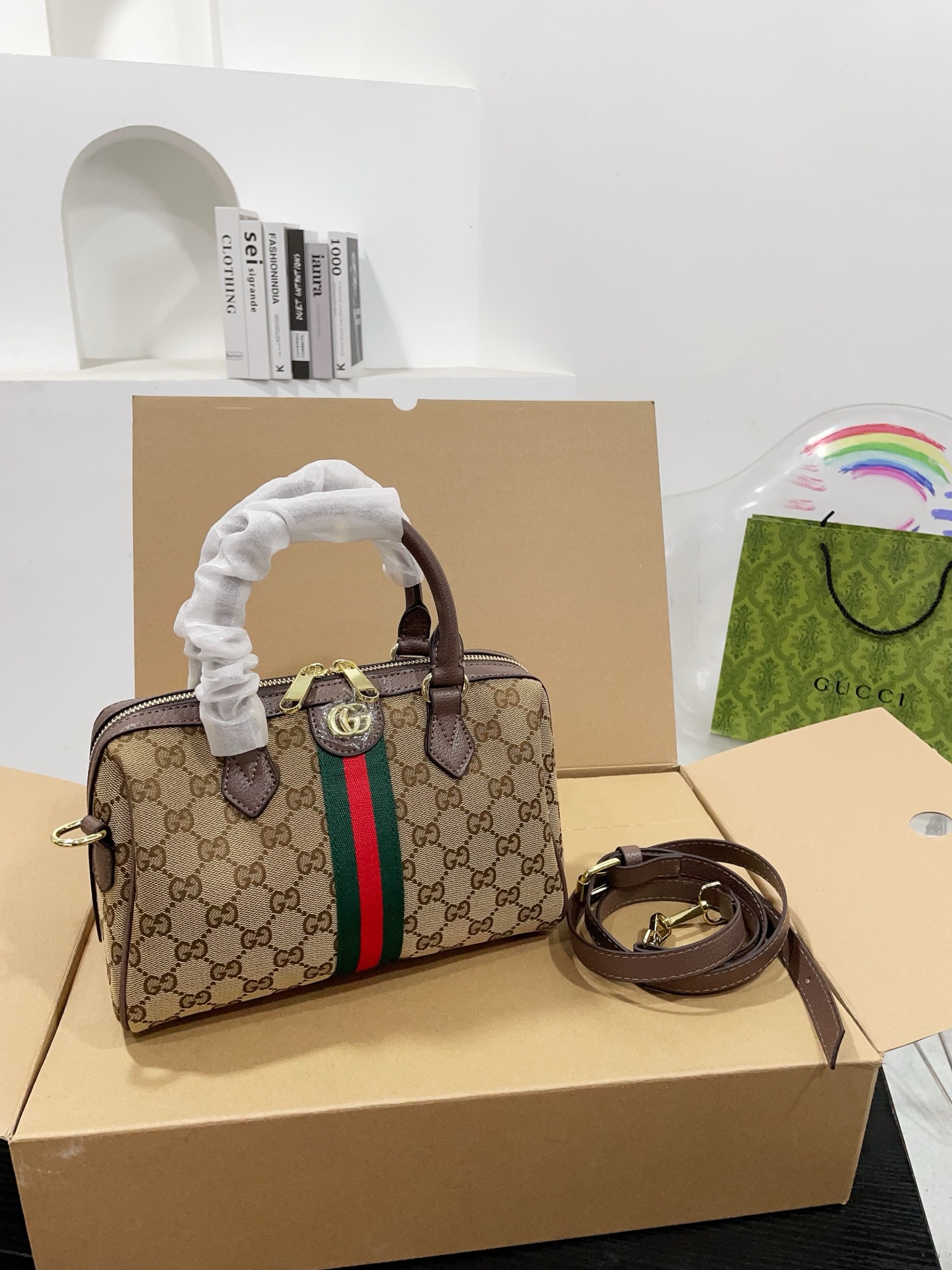 Chic Boston-Style GG Monogram Canvas Handbag with Web Stripe, Double G Hardware & Foldable Box (25cm & 21cm)