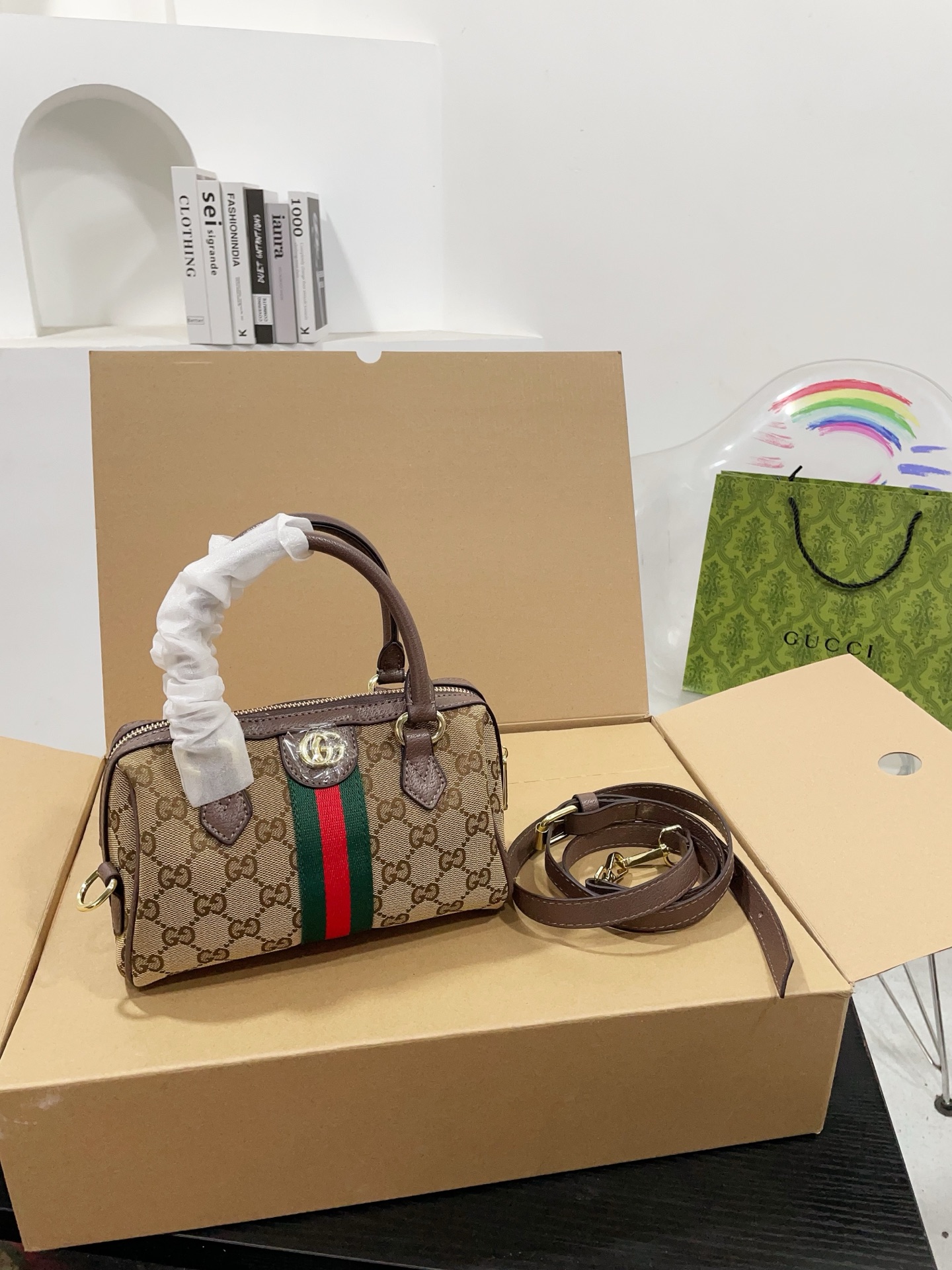 Chic Boston-Style GG Monogram Canvas Handbag with Web Stripe, Double G Hardware & Foldable Box (25cm & 21cm)