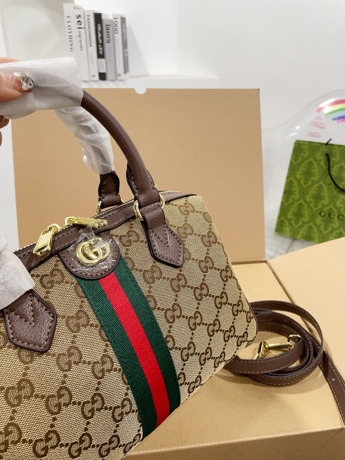 Chic Boston-Style GG Monogram Canvas Handbag with Web Stripe, Double G Hardware & Foldable Box (25cm & 21cm)