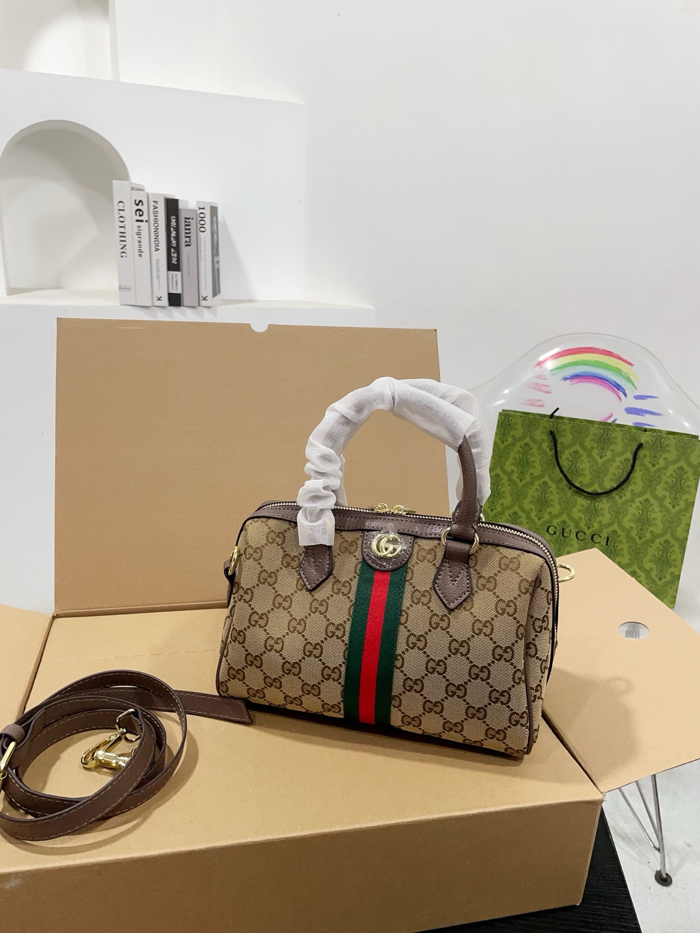 Chic Boston-Style GG Monogram Canvas Handbag with Web Stripe, Double G Hardware & Foldable Box (25cm & 21cm)