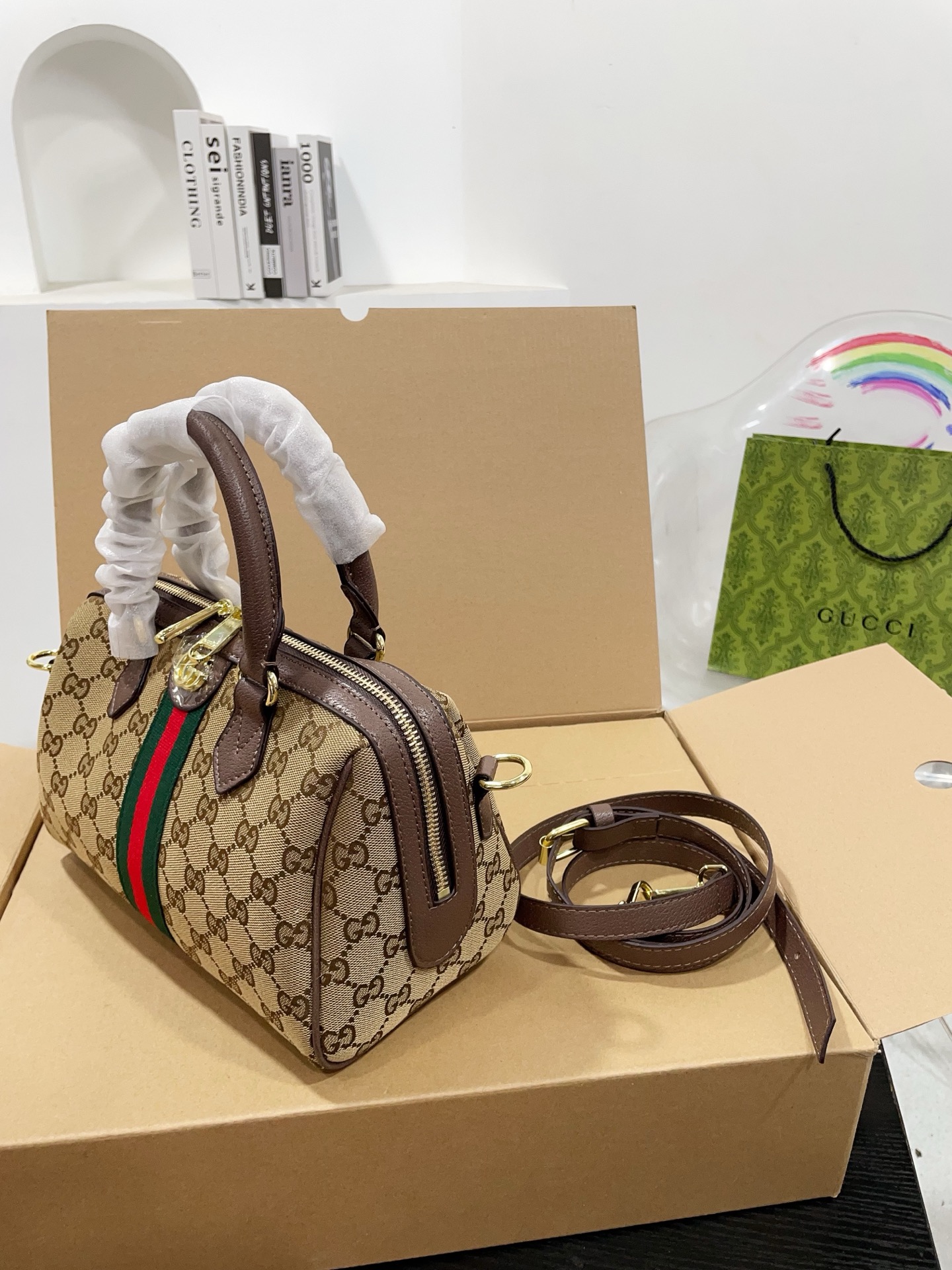 Chic Boston-Style GG Monogram Canvas Handbag with Web Stripe, Double G Hardware & Foldable Box (25cm & 21cm)