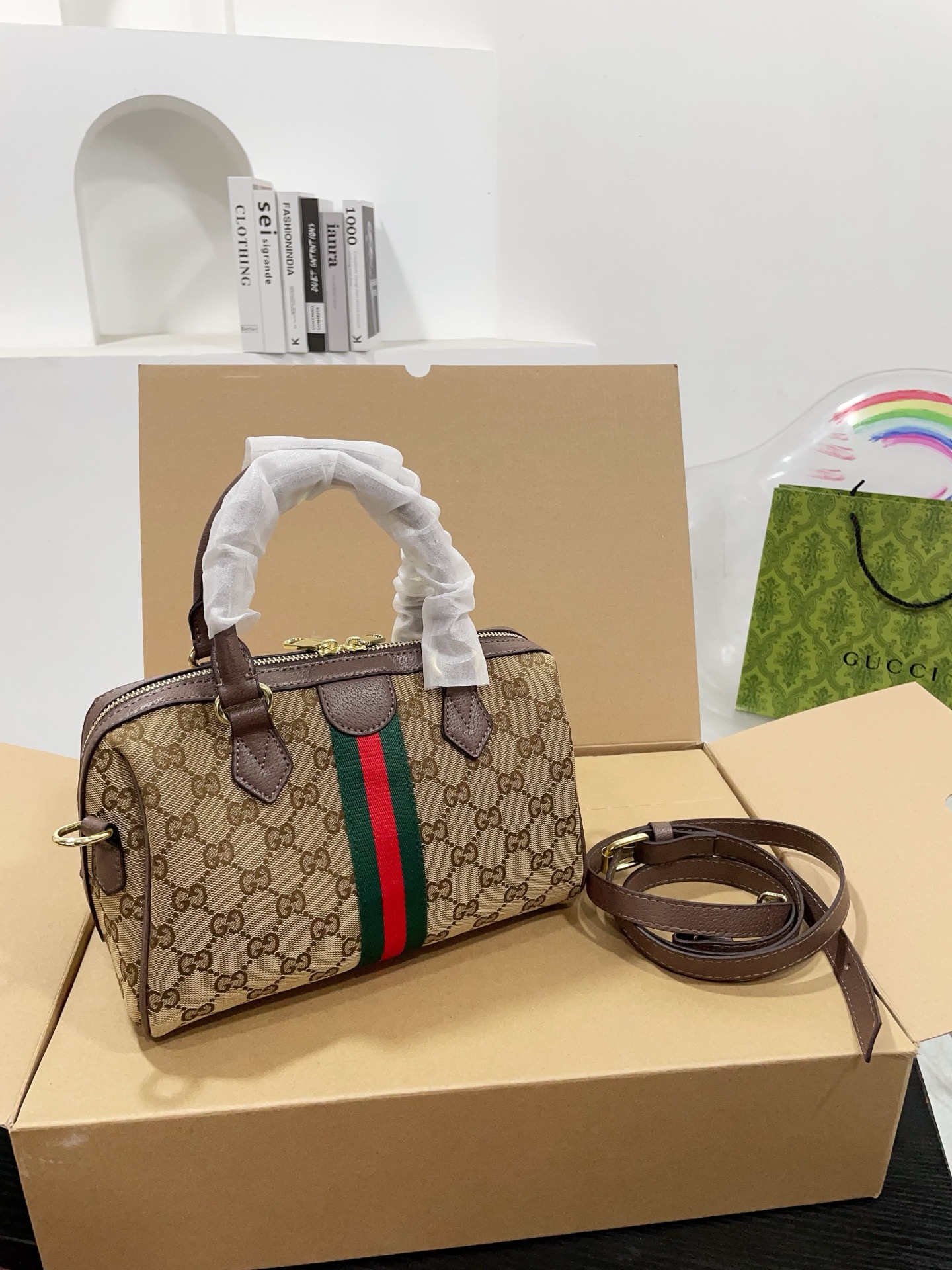 Chic Boston-Style GG Monogram Canvas Handbag with Web Stripe, Double G Hardware & Foldable Box (25cm & 21cm)