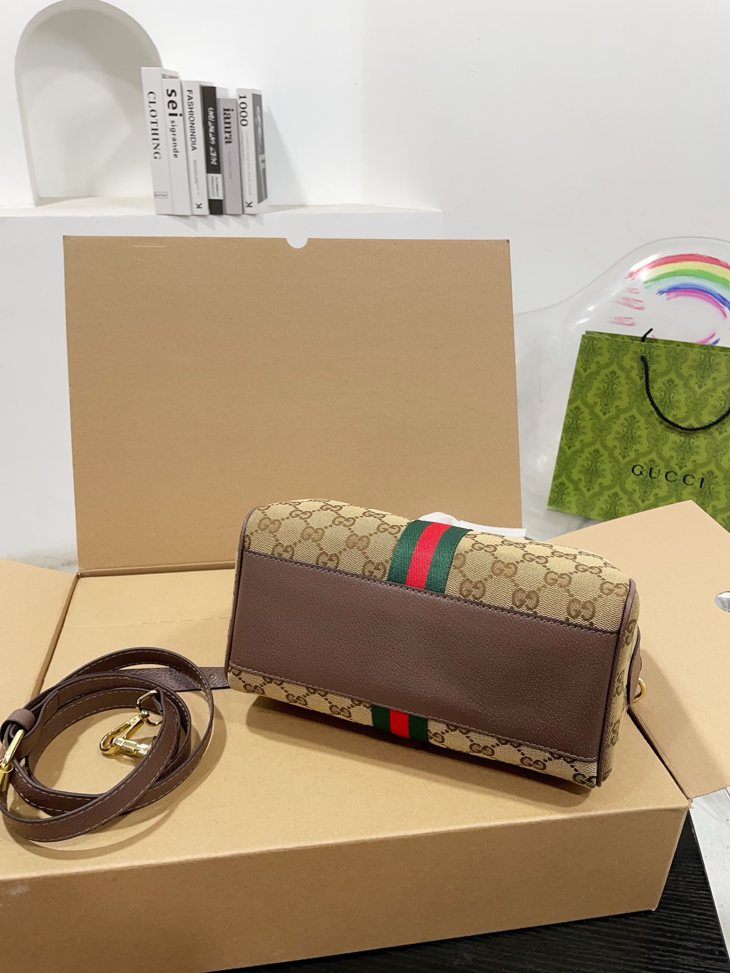 Chic Boston-Style GG Monogram Canvas Handbag with Web Stripe, Double G Hardware & Foldable Box (25cm & 21cm)