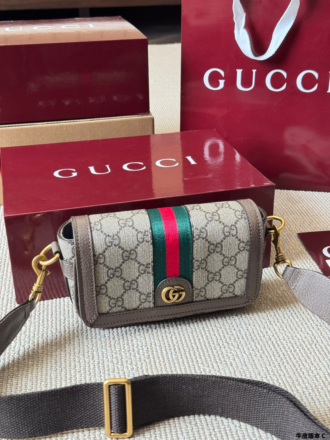 Chic Ophidia-Style Camera Bag with GG Canvas, Web Stripe & Calfskin Leather Trim (18cm)