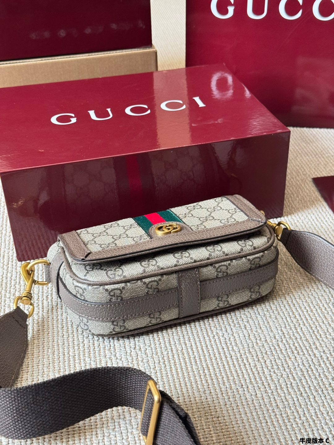 Chic Ophidia-Style Camera Bag with GG Canvas, Web Stripe & Calfskin Leather Trim (18cm)