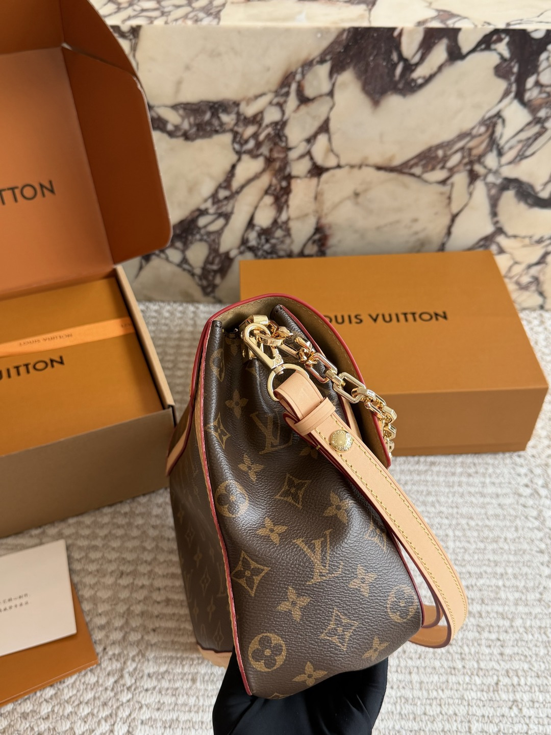 Chic Dauphine-Style Soft Monogram Canvas Handbag with Leather Trim, Chain Strap & Gift Box (Multiple Sizes)