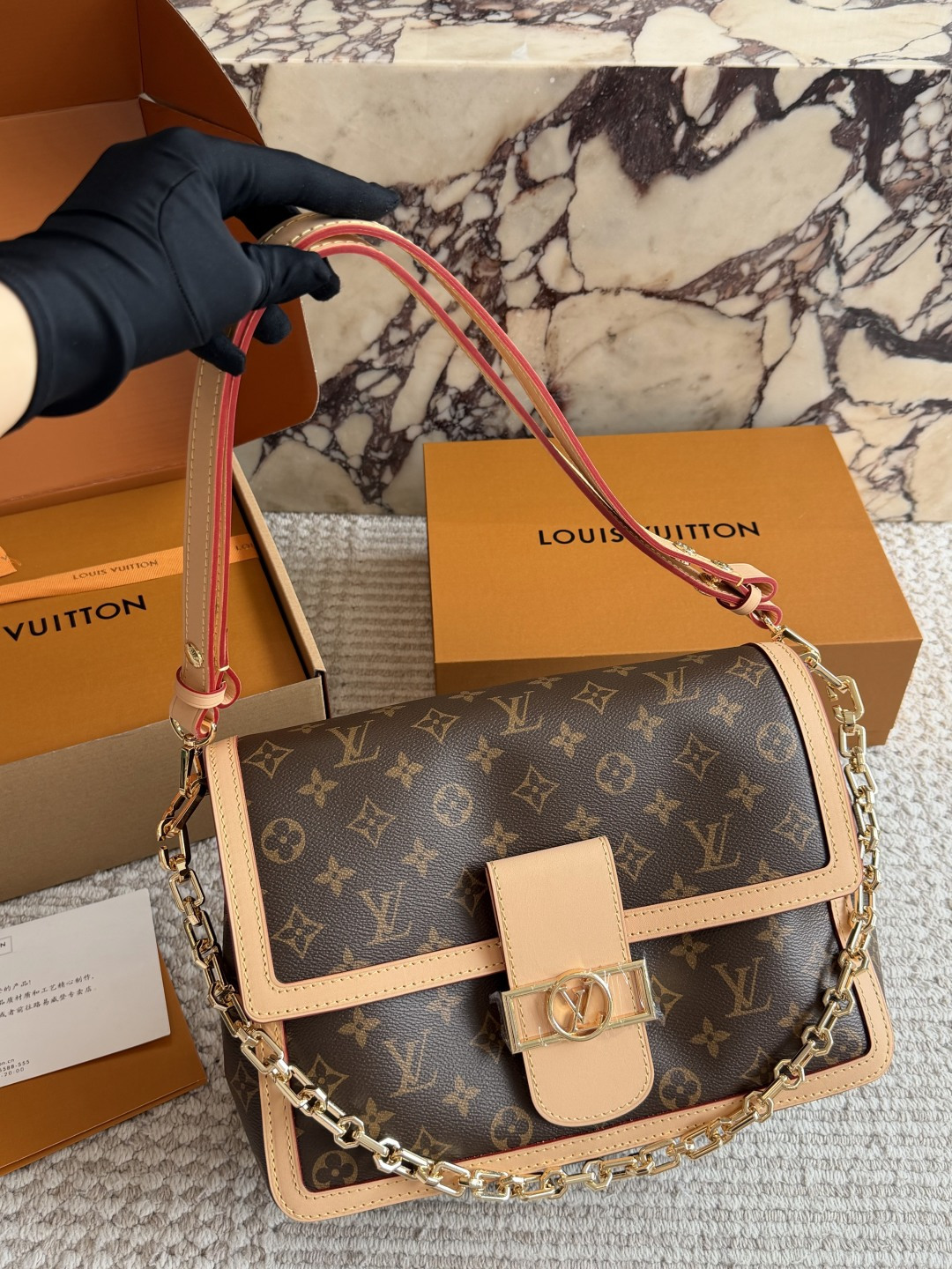 Chic Dauphine-Style Soft Monogram Canvas Handbag with Leather Trim, Chain Strap & Gift Box (Multiple Sizes)