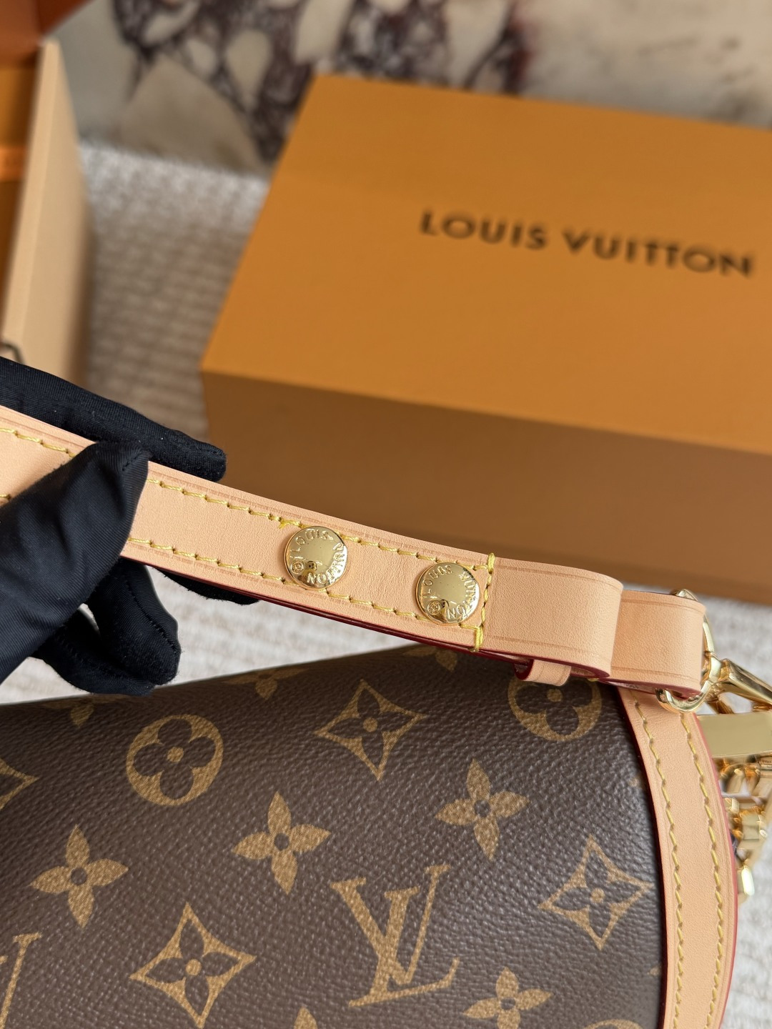 Chic Dauphine-Style Soft Monogram Canvas Handbag with Leather Trim, Chain Strap & Gift Box (Multiple Sizes)
