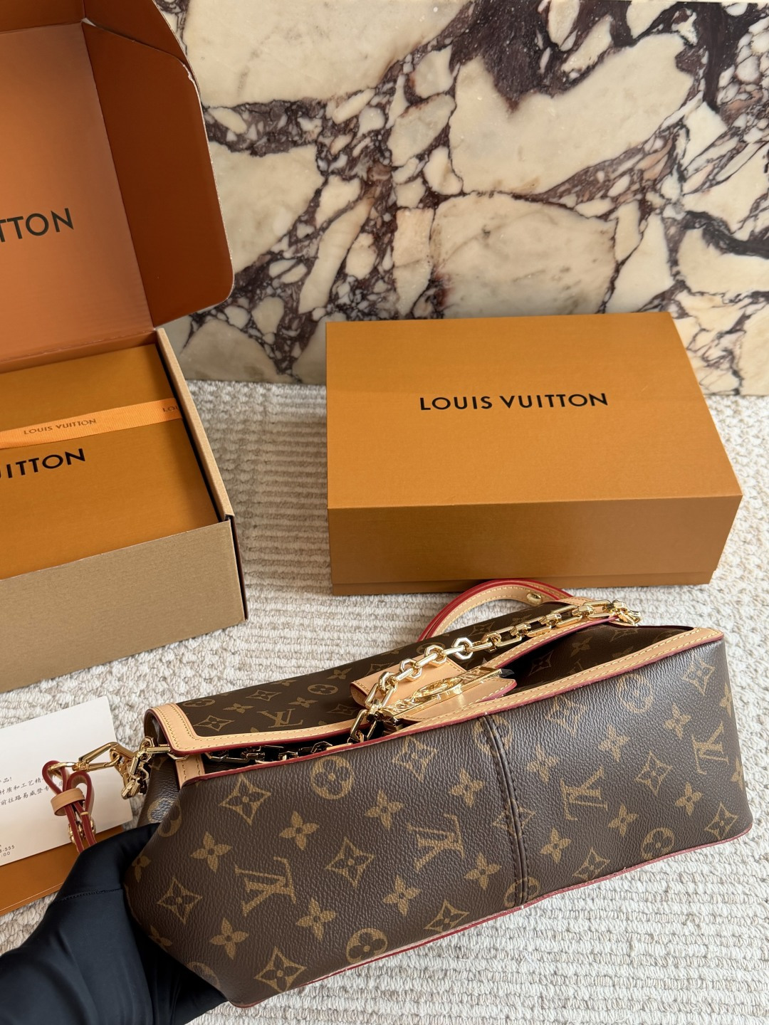 Chic Dauphine-Style Soft Monogram Canvas Handbag with Leather Trim, Chain Strap & Gift Box (Multiple Sizes)