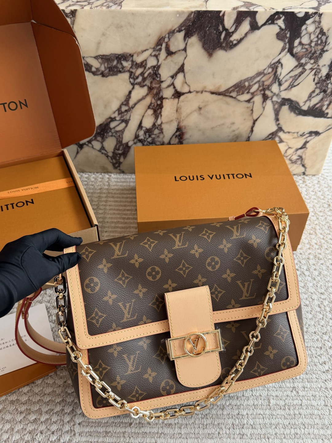 Chic Dauphine-Style Soft Monogram Canvas Handbag with Leather Trim, Chain Strap & Gift Box (Multiple Sizes)