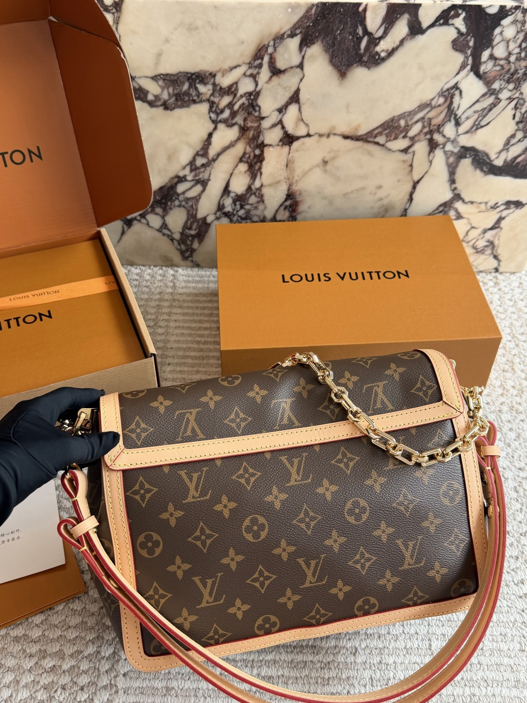 Chic Dauphine-Style Soft Monogram Canvas Handbag with Leather Trim, Chain Strap & Gift Box (Multiple Sizes)