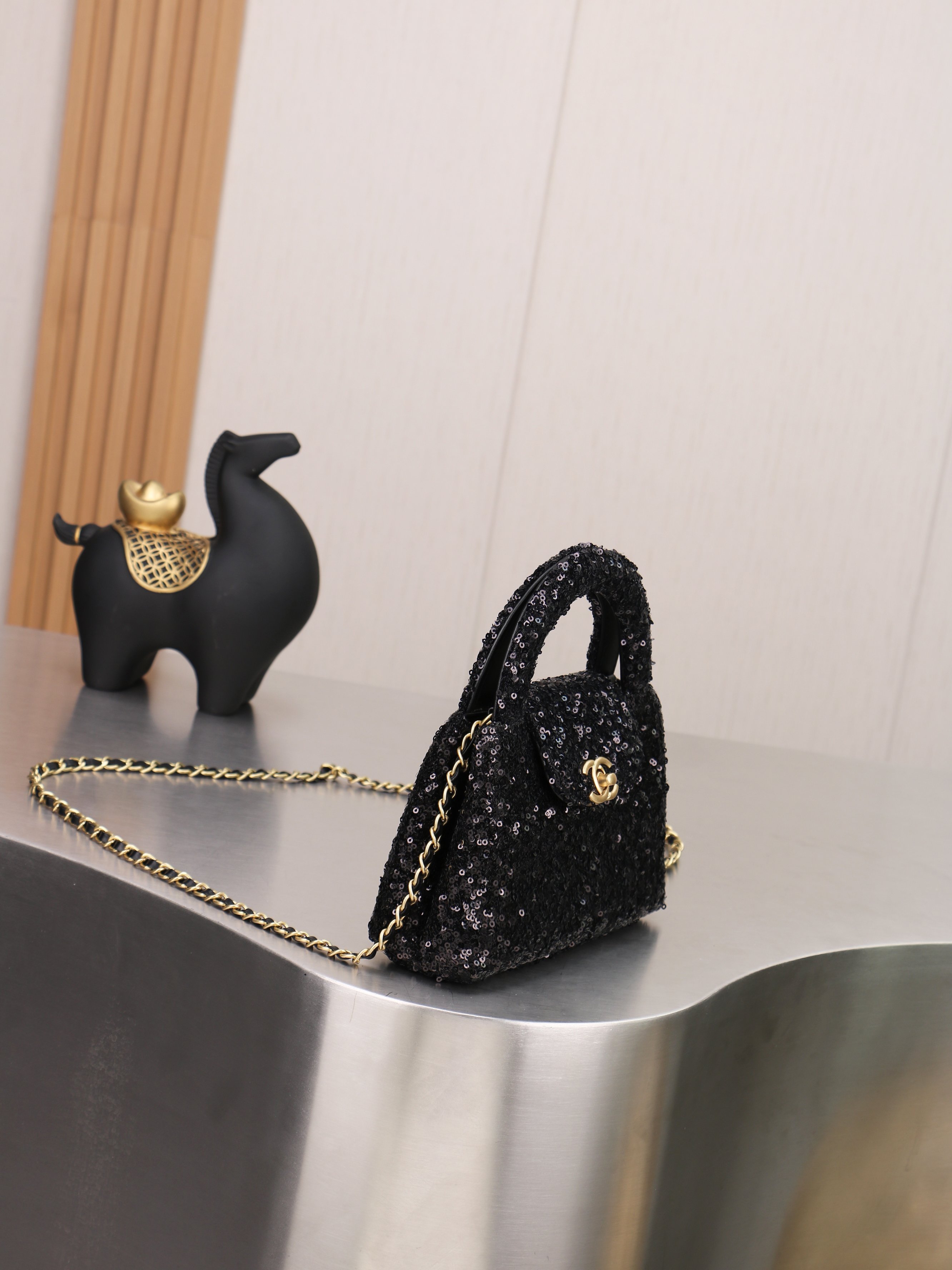Chic Sequin Top Handle Mini Bag with Interlocking Logo, Gold Chain & Evening Clutch Design