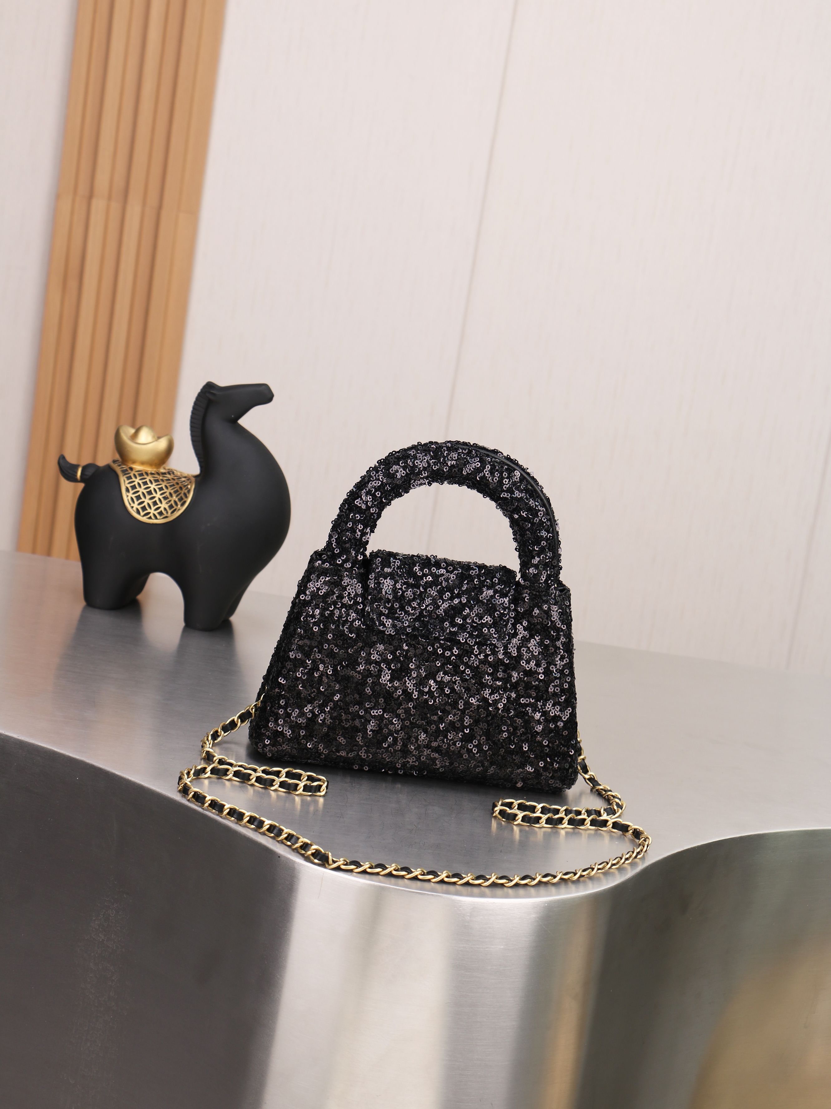 Chic Sequin Top Handle Mini Bag with Interlocking Logo, Gold Chain & Evening Clutch Design