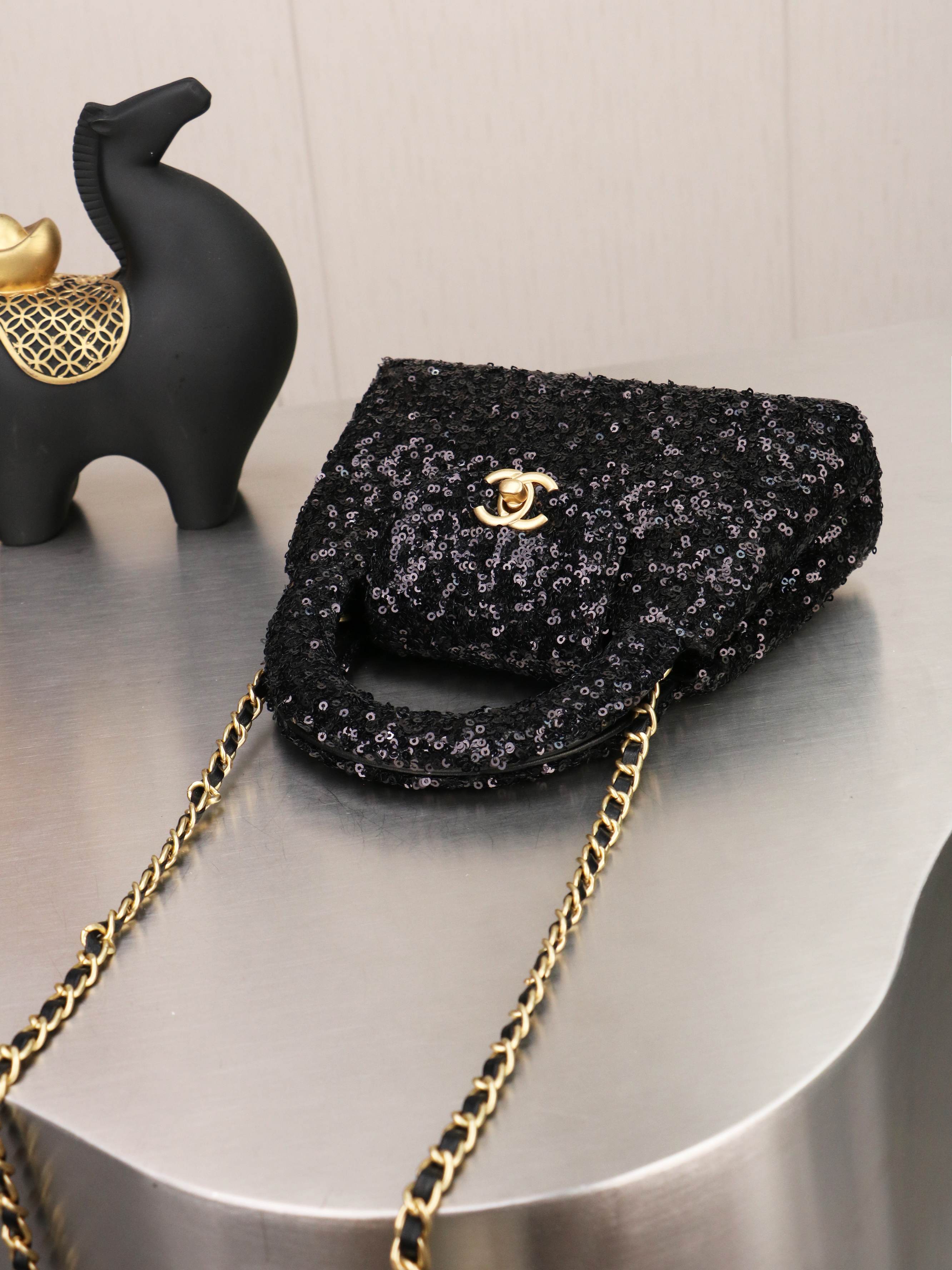 Chic Sequin Top Handle Mini Bag with Interlocking Logo, Gold Chain & Evening Clutch Design
