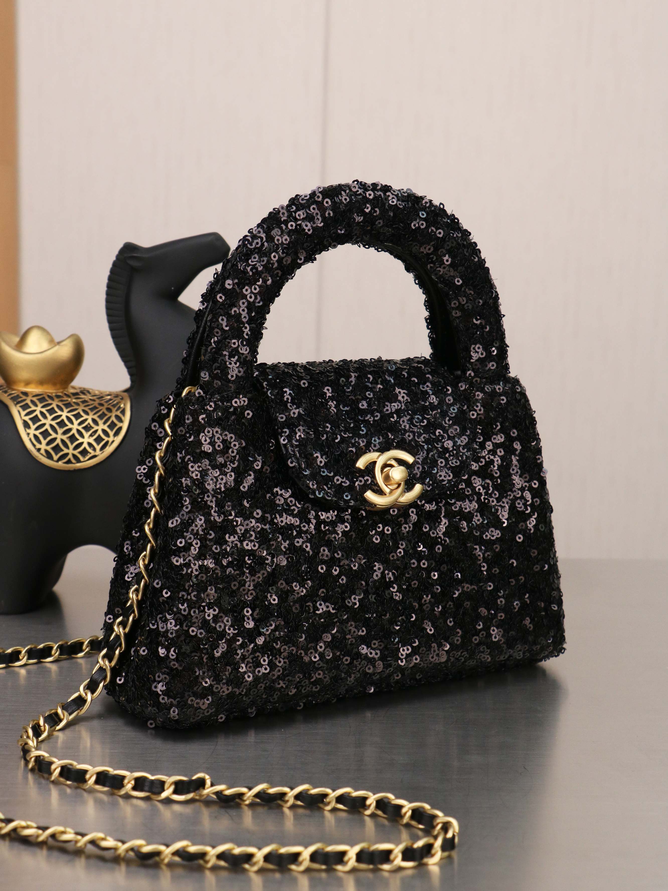 Chic Sequin Top Handle Mini Bag with Interlocking Logo, Gold Chain & Evening Clutch Design