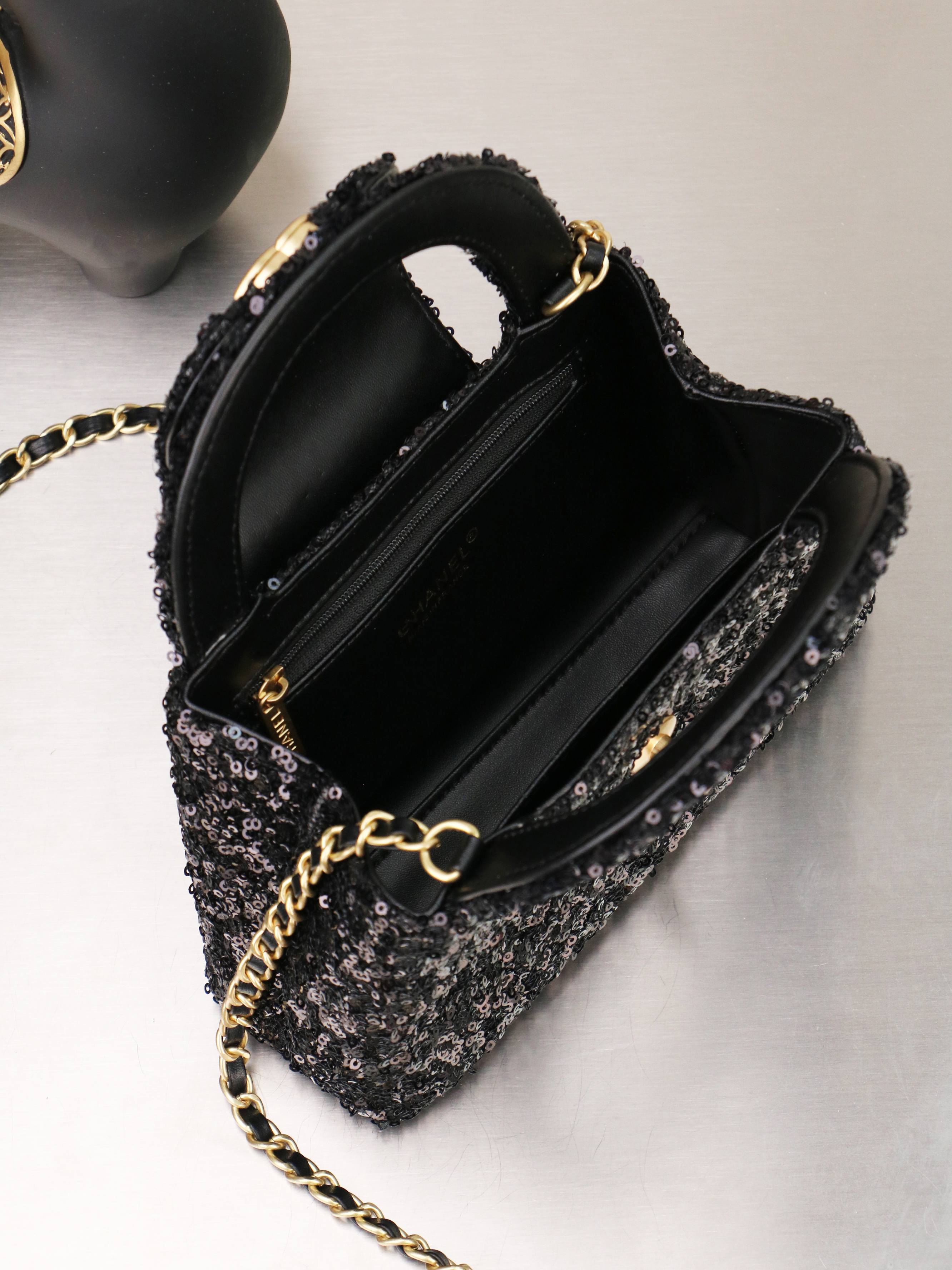 Chic Sequin Top Handle Mini Bag with Interlocking Logo, Gold Chain & Evening Clutch Design