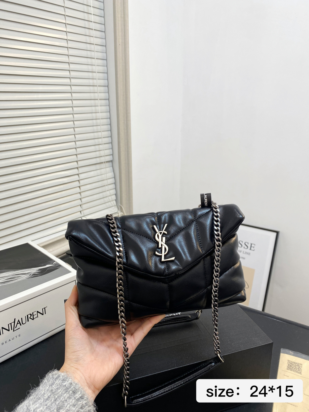 Chic YSL-Style Quilted Leather Shoulder Bag with Silver Chain, Iconic Logo & Foldable Box