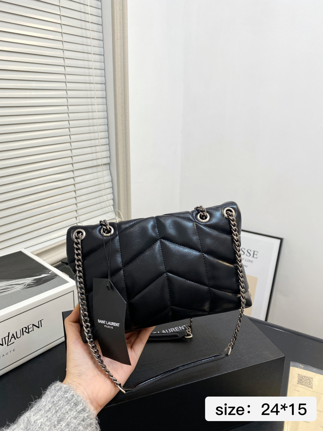 Chic YSL-Style Quilted Leather Shoulder Bag with Silver Chain, Iconic Logo & Foldable Box