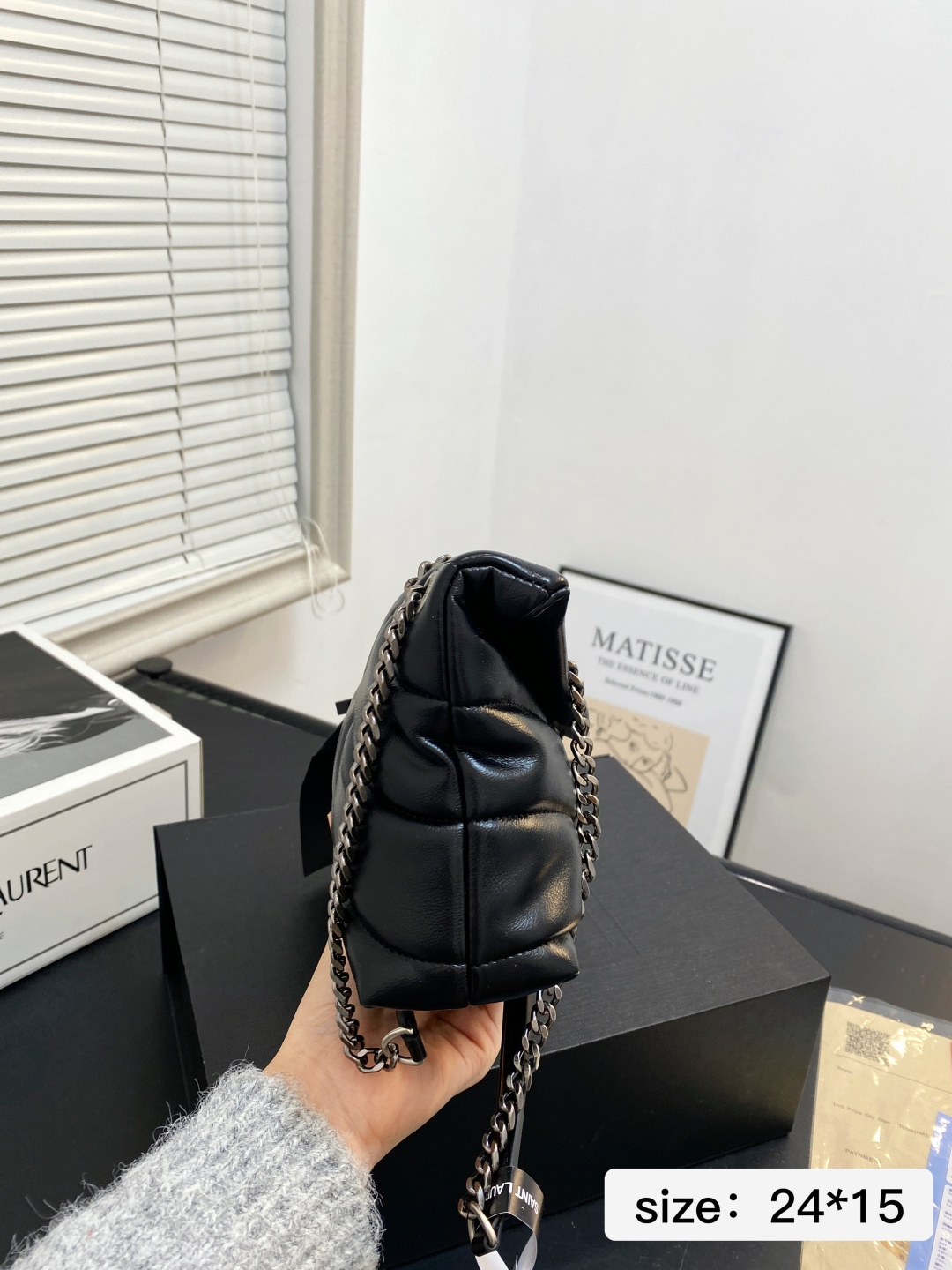 Chic YSL-Style Quilted Leather Shoulder Bag with Silver Chain, Iconic Logo & Foldable Box