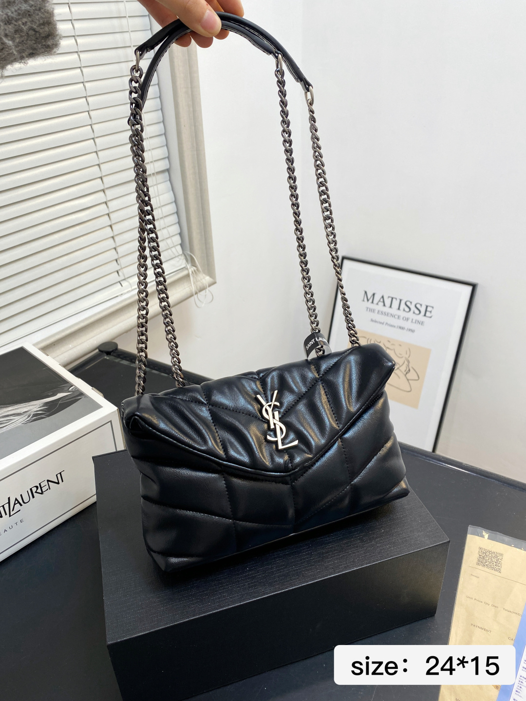 Chic YSL-Style Quilted Leather Shoulder Bag with Silver Chain, Iconic Logo & Foldable Box