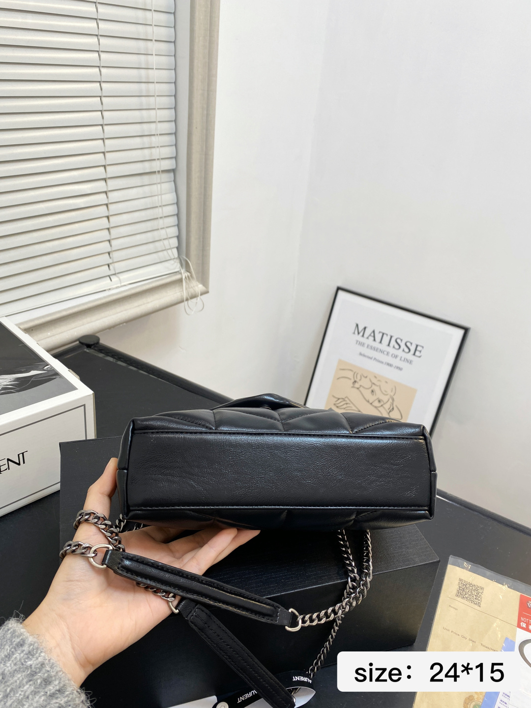 Chic YSL-Style Quilted Leather Shoulder Bag with Silver Chain, Iconic Logo & Foldable Box