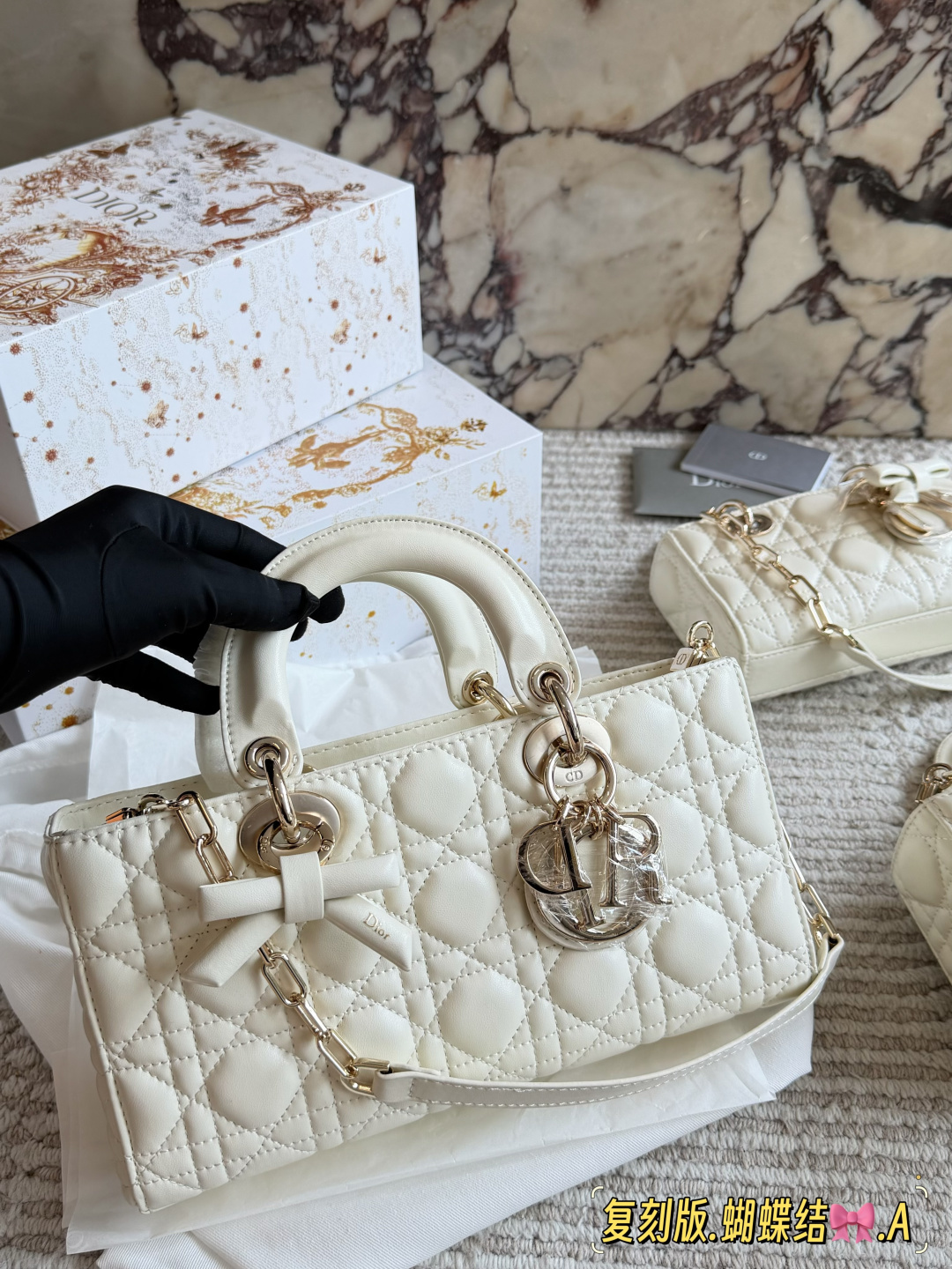 Elegant D-Joy Style Cannage Quilted Lambskin Bag with Bow Charm, Two Straps & Full Packaging