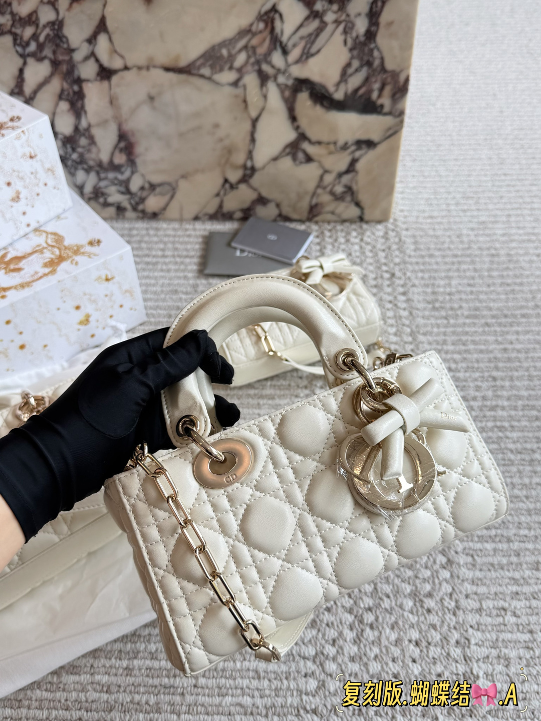 Elegant D-Joy Style Cannage Quilted Lambskin Bag with Bow Charm, Two Straps & Full Packaging