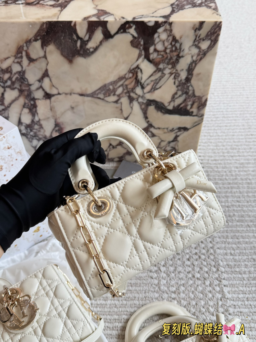 Elegant D-Joy Style Cannage Quilted Lambskin Bag with Bow Charm, Two Straps & Full Packaging