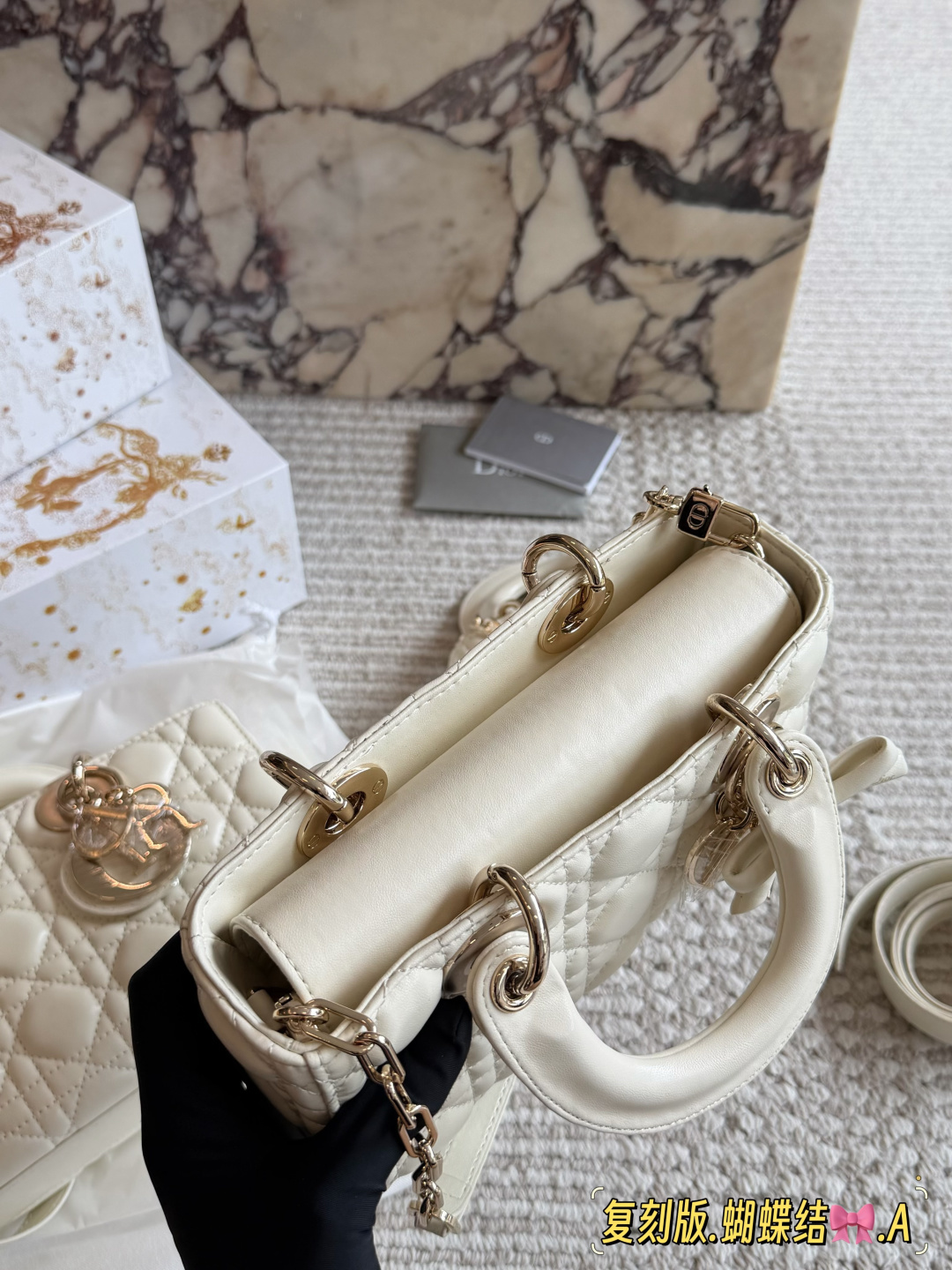 Elegant D-Joy Style Cannage Quilted Lambskin Bag with Bow Charm, Two Straps & Full Packaging