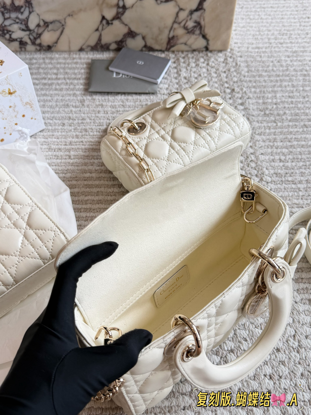 Elegant D-Joy Style Cannage Quilted Lambskin Bag with Bow Charm, Two Straps & Full Packaging