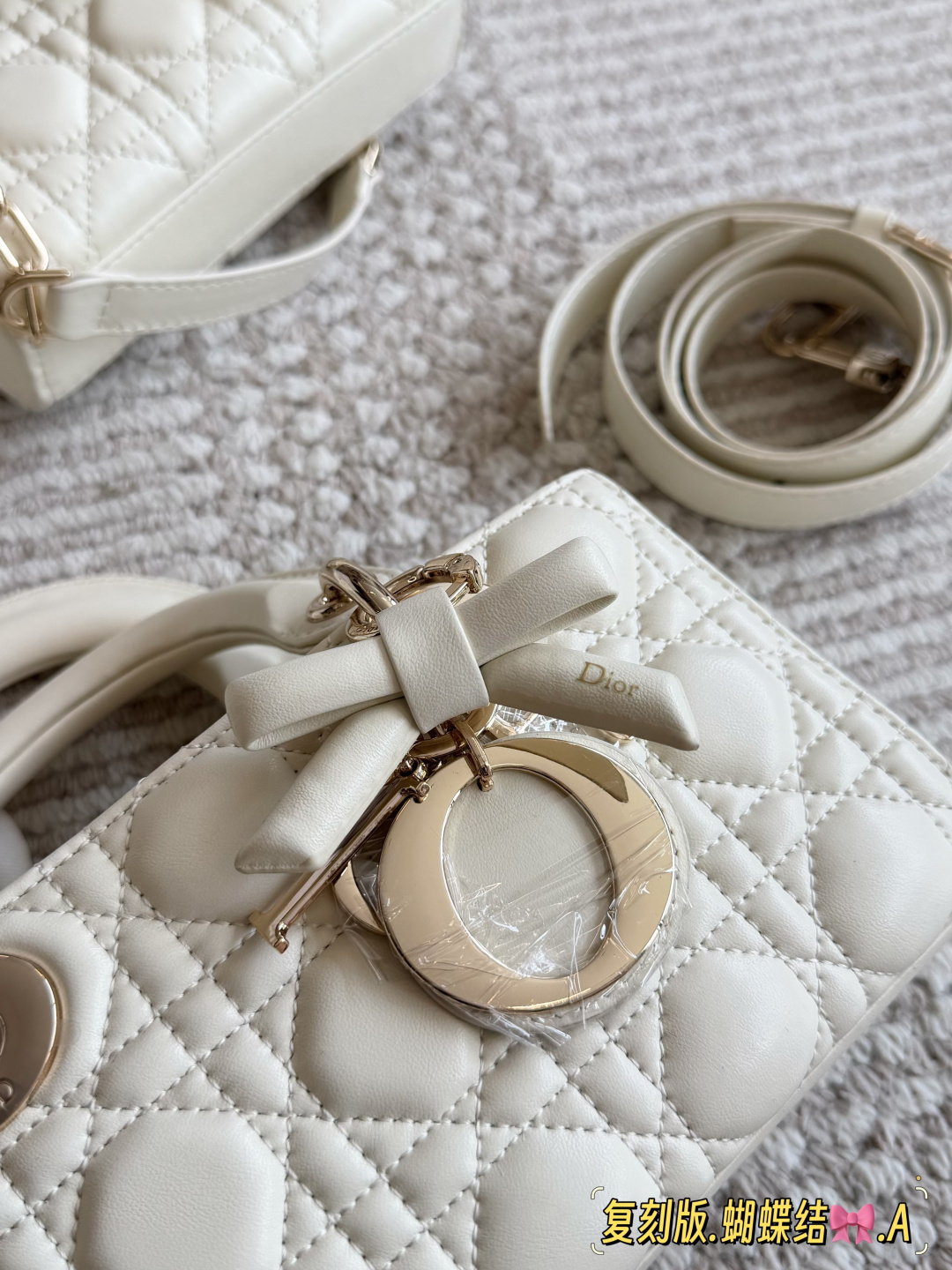 Elegant D-Joy Style Cannage Quilted Lambskin Bag with Bow Charm, Two Straps & Full Packaging