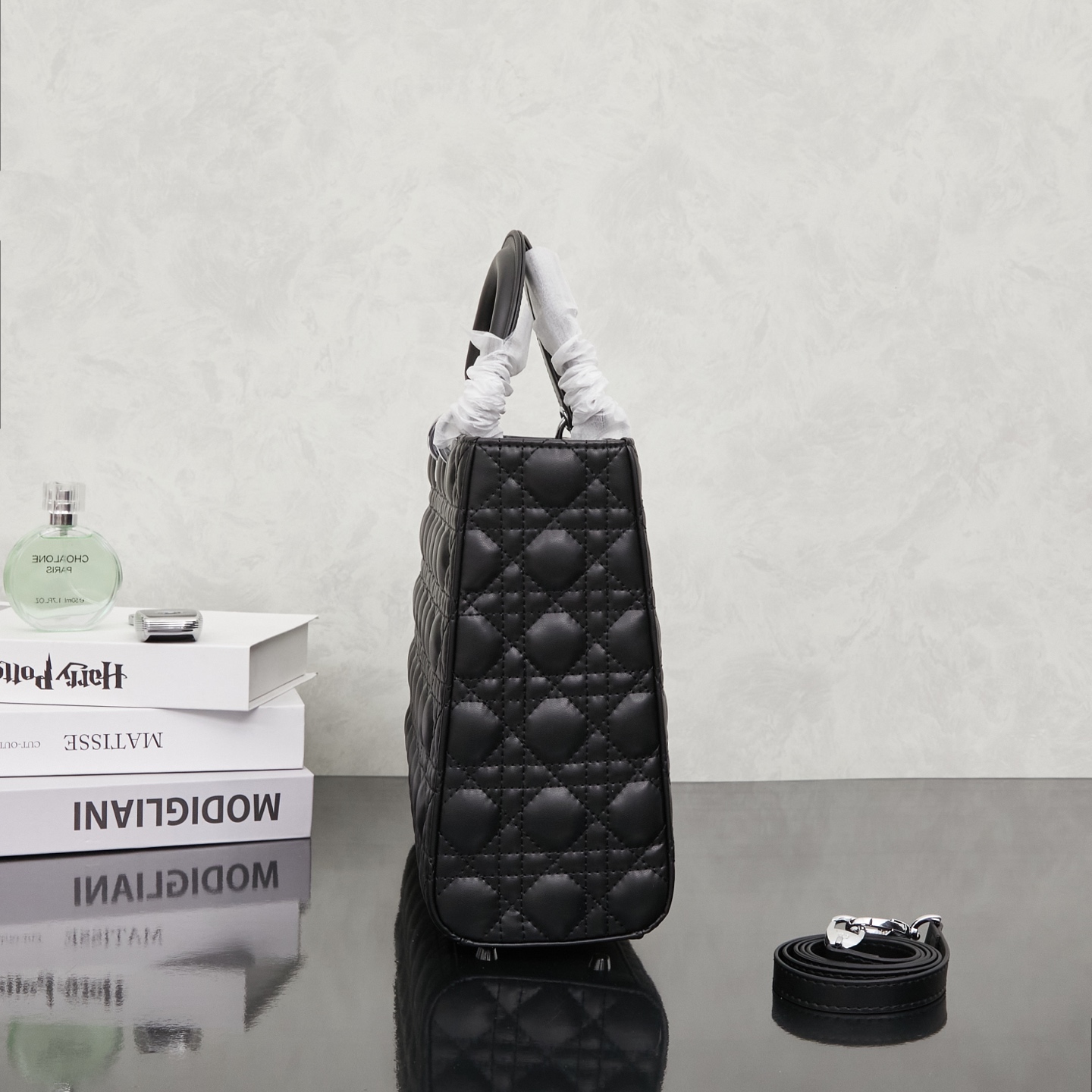 Elegant Lady Dior-Style Large Tote Bag with Cannage Quilting, Silver Hardware & Detachable Strap