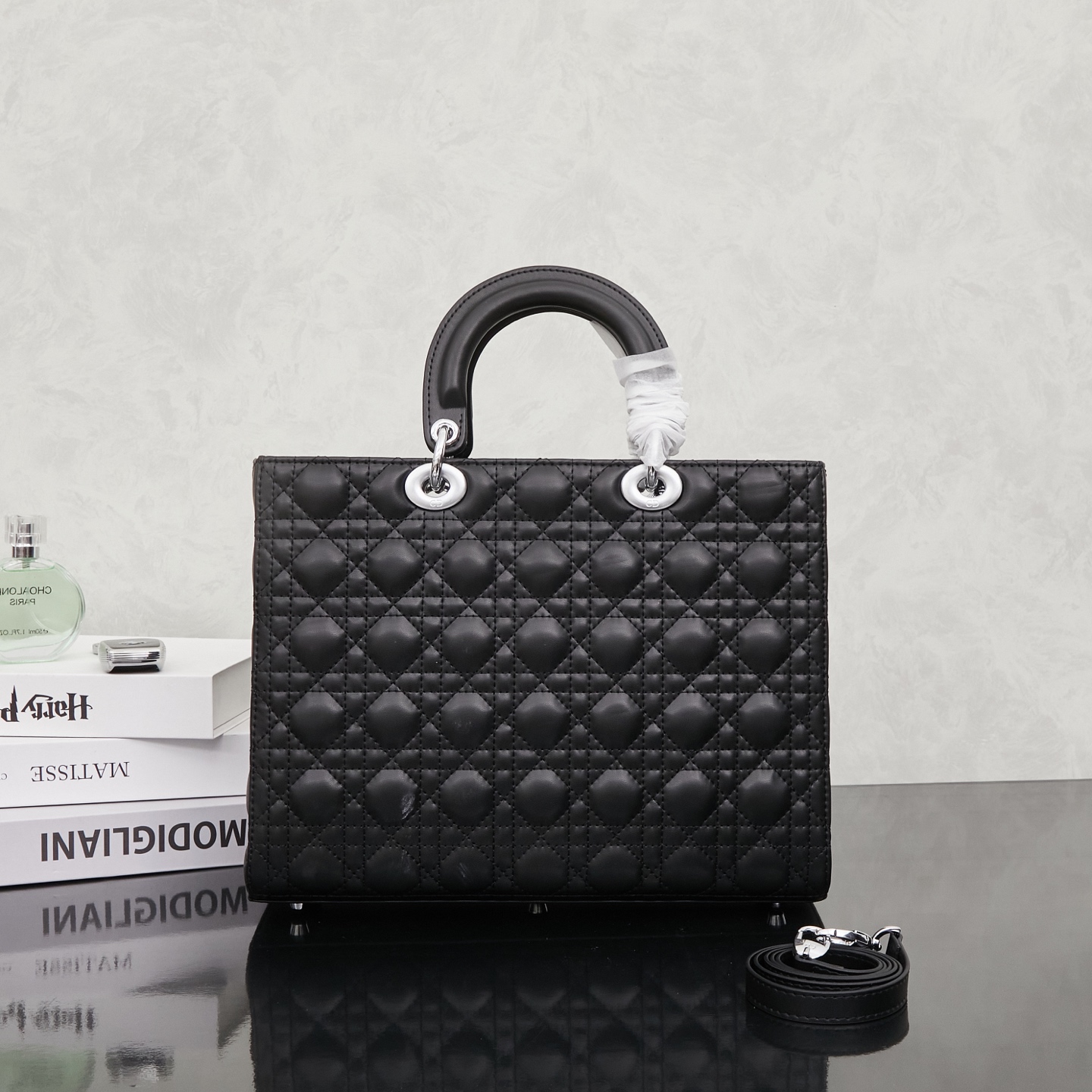 Elegant Lady Dior-Style Large Tote Bag with Cannage Quilting, Silver Hardware & Detachable Strap