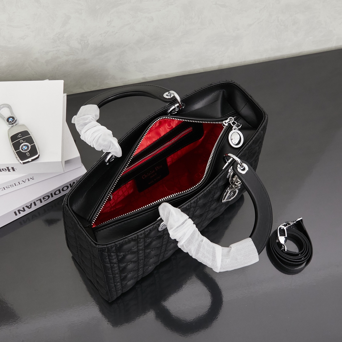 Elegant Lady Dior-Style Large Tote Bag with Cannage Quilting, Silver Hardware & Detachable Strap