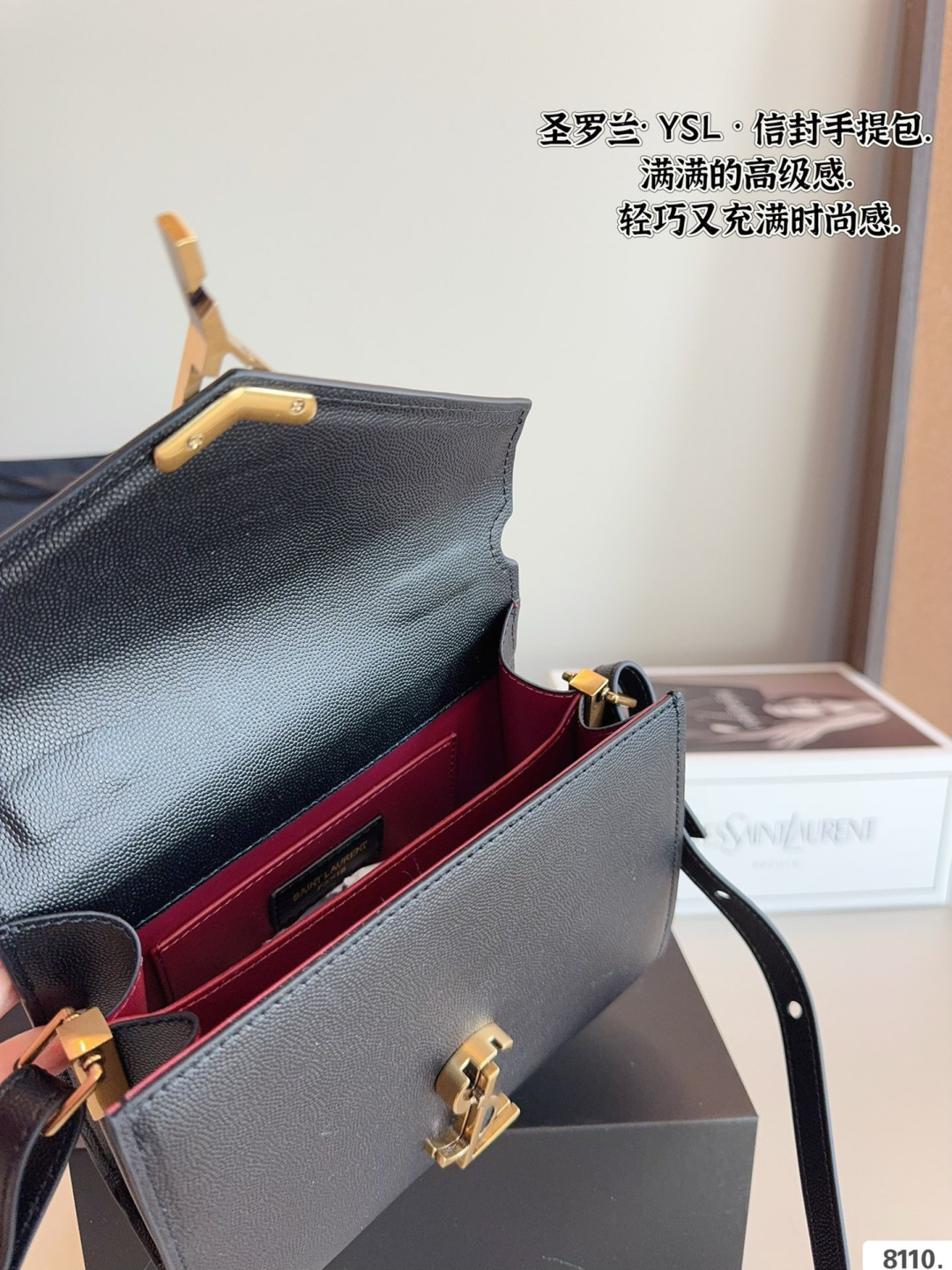 Chic Cassandra-Style Black Leather Top Handle Messenger Bag with Gold Hardware & Gift Box
