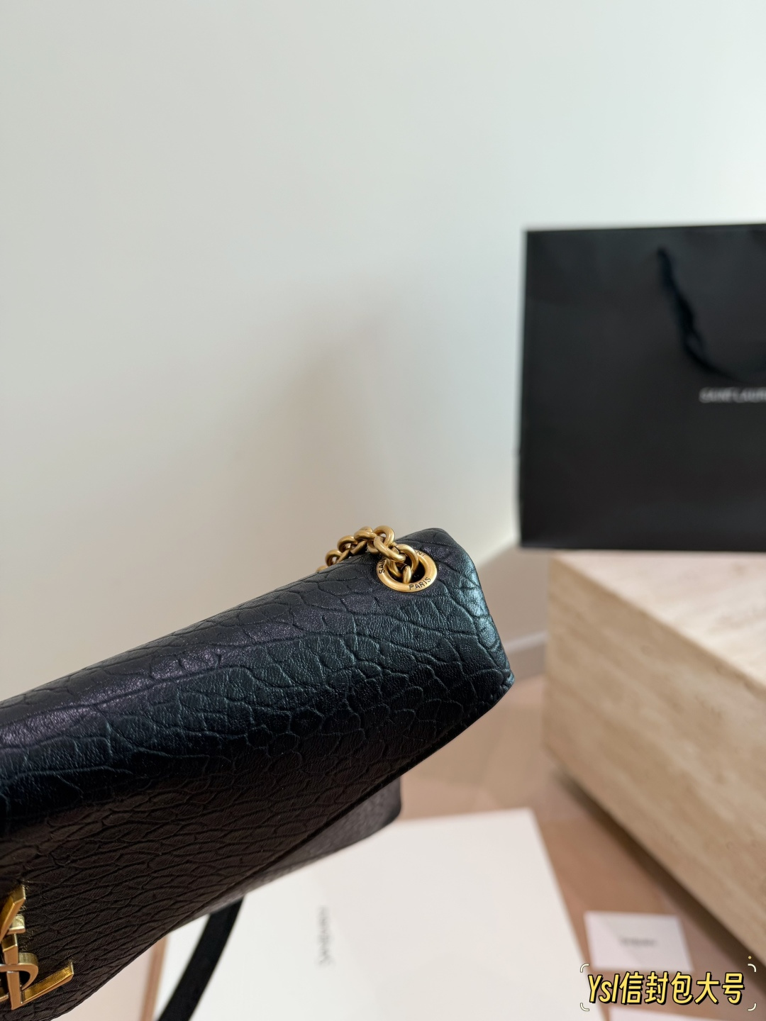 Chic Envelope-Style Textured Leather Chain Bag with Gold Logo & Magnetic Flap