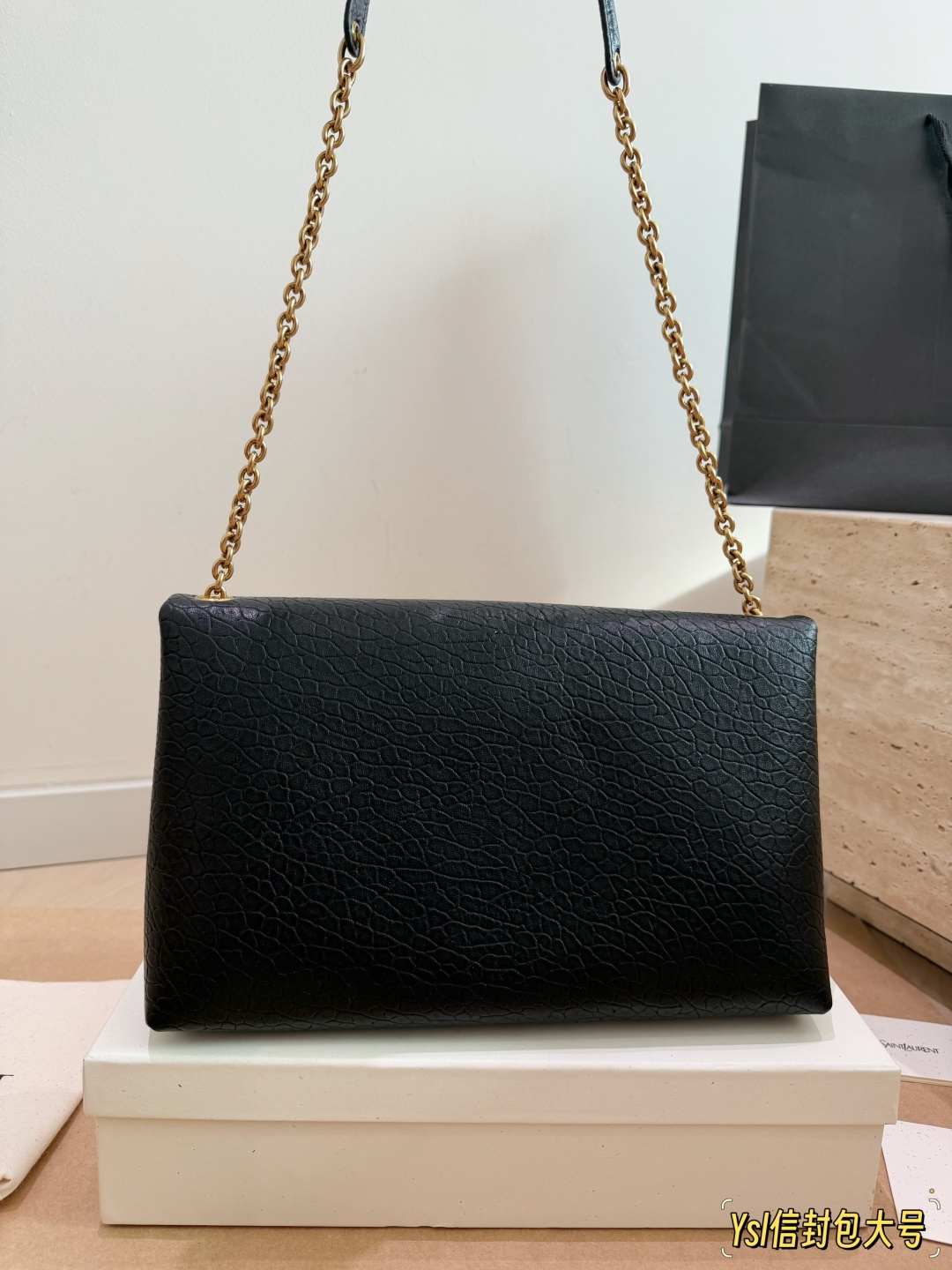 Chic Envelope-Style Textured Leather Chain Bag with Gold Logo & Magnetic Flap