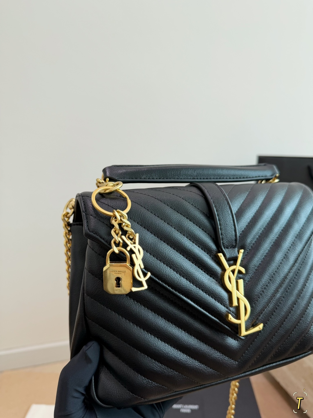 Chic YSL-Style Chevron Quilted Leather Top Handle Messenger Bag with Gold Padlock & Foldable Gift Box