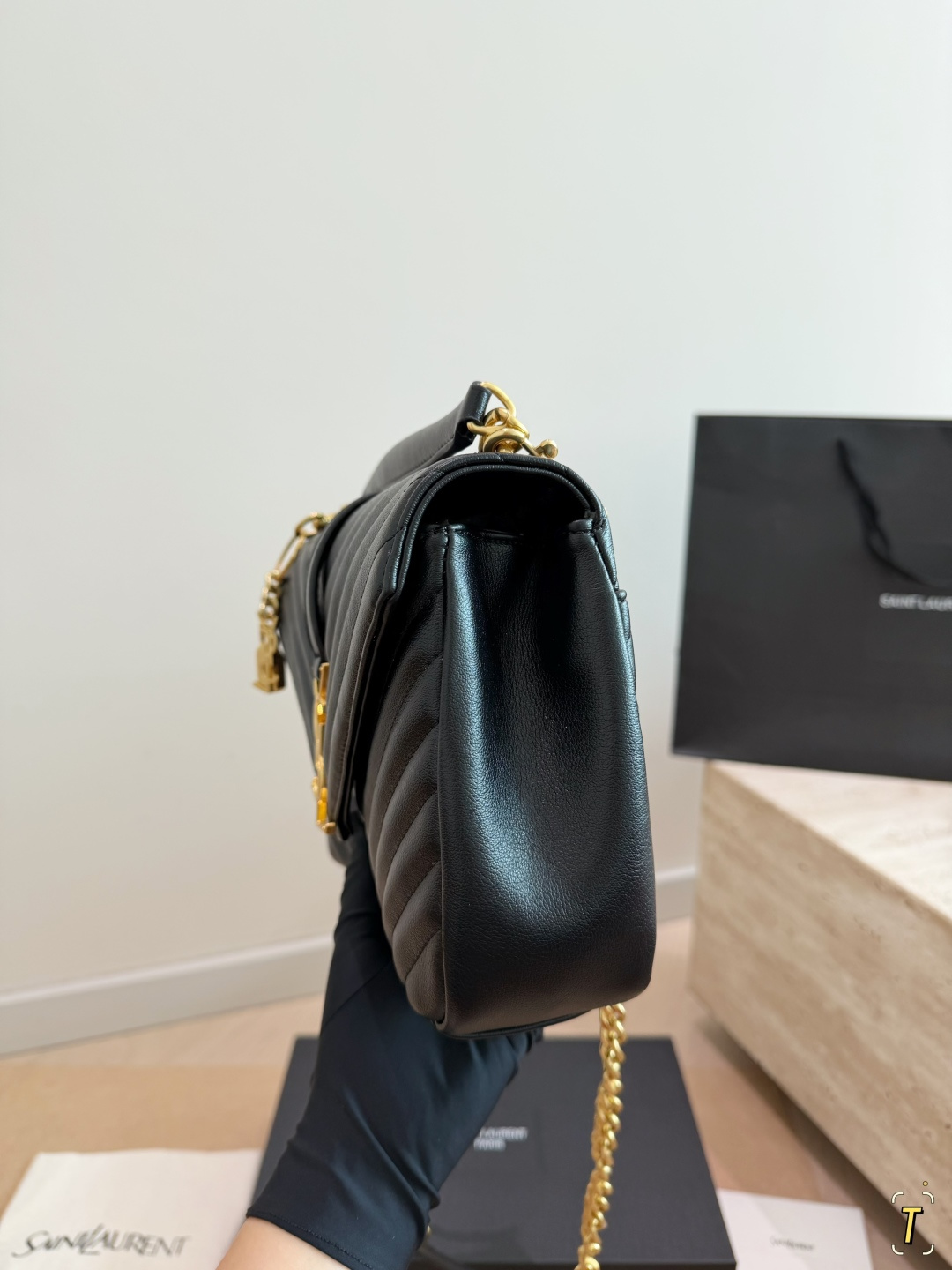 Chic YSL-Style Chevron Quilted Leather Top Handle Messenger Bag with Gold Padlock & Foldable Gift Box