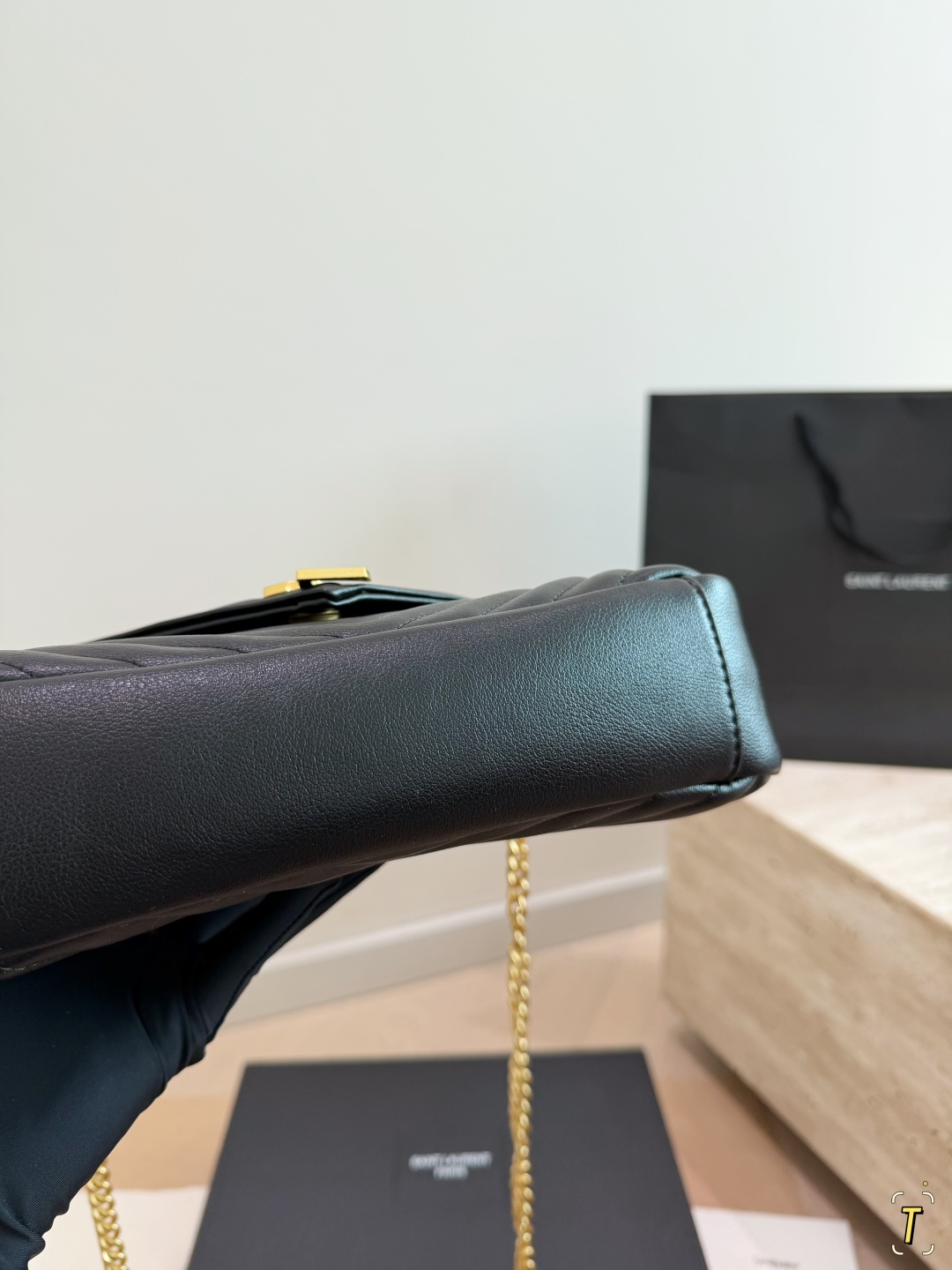 Chic YSL-Style Chevron Quilted Leather Top Handle Messenger Bag with Gold Padlock & Foldable Gift Box