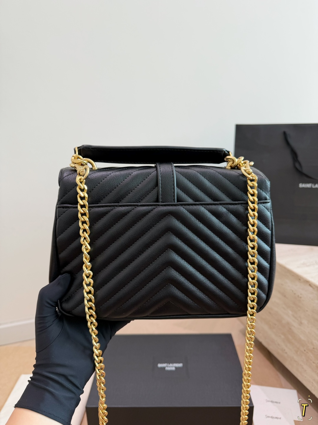 Chic YSL-Style Chevron Quilted Leather Top Handle Messenger Bag with Gold Padlock & Foldable Gift Box