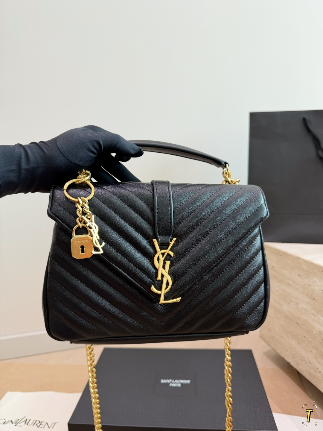 Chic YSL-Style Chevron Quilted Leather Top Handle Messenger Bag with Gold Padlock & Foldable Gift Box