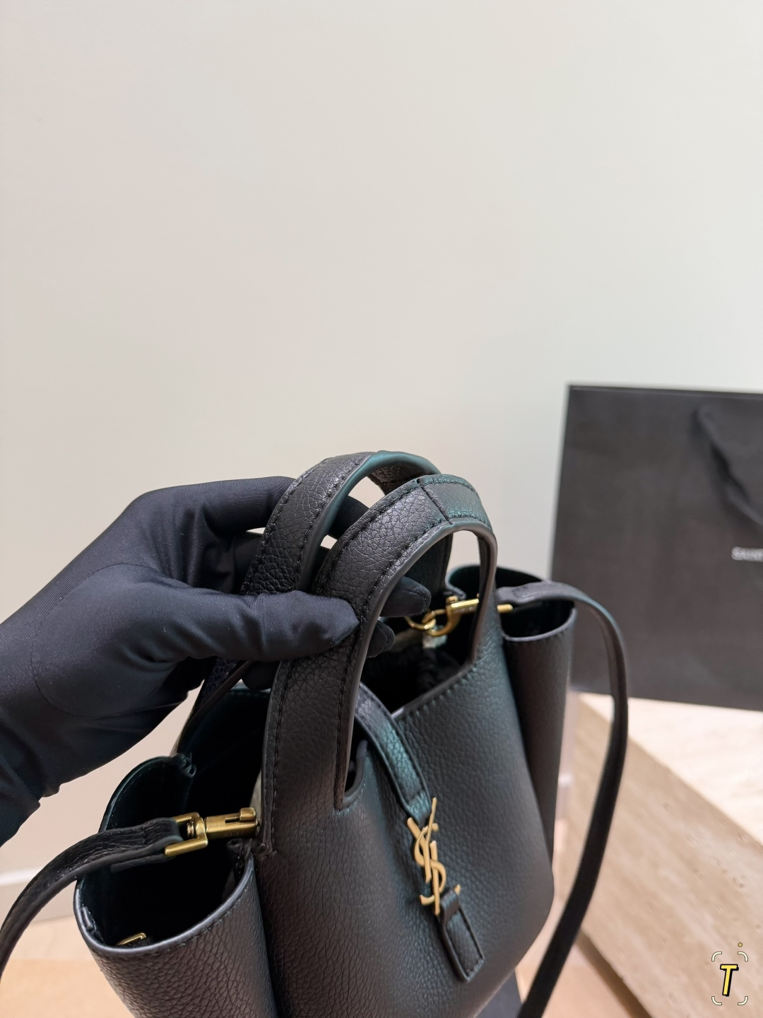 Chic YSL-Style Grained Leather Bucket Bag with Gold Logo, Top Handle & Adjustable Shoulder Strap