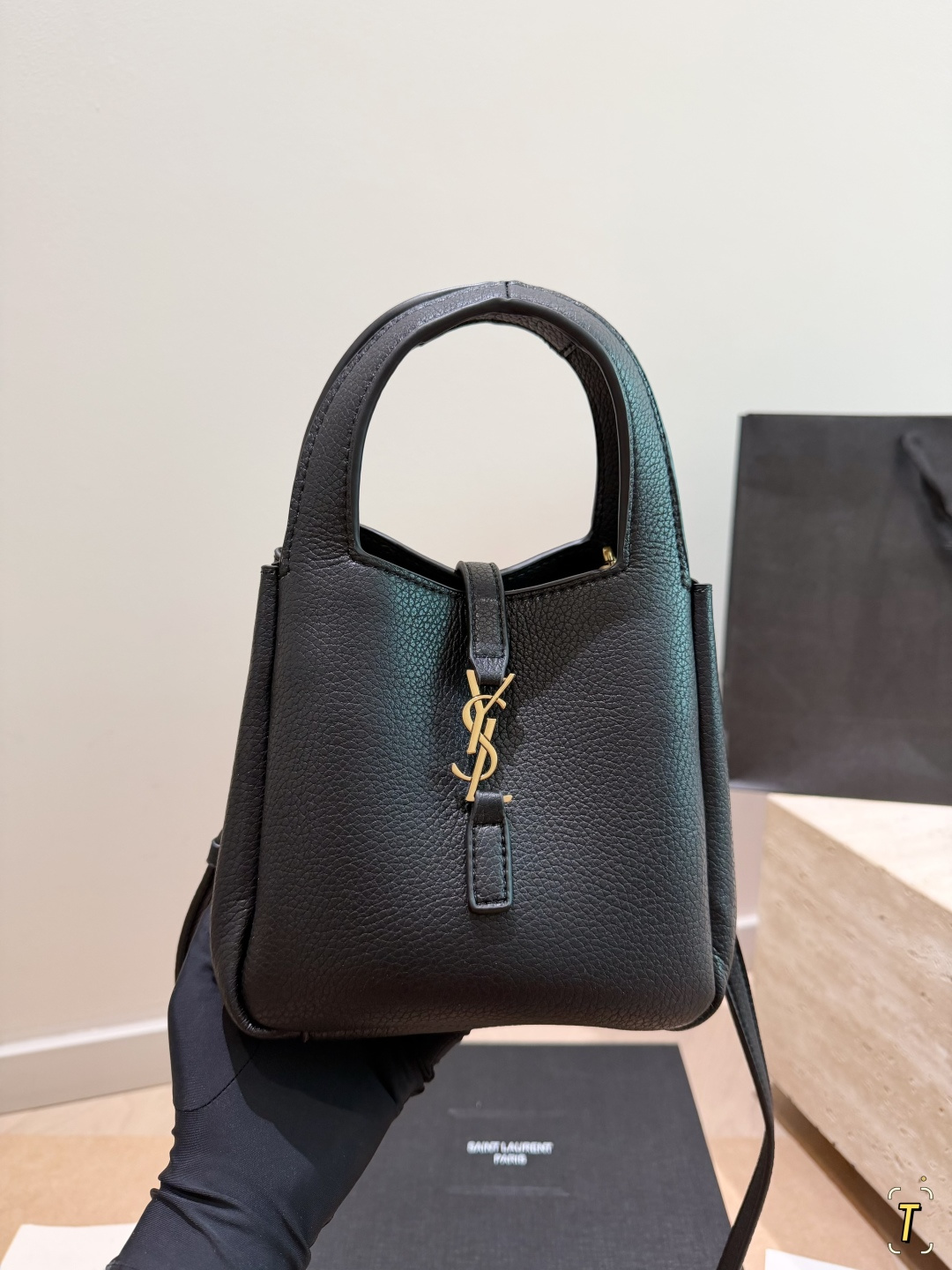 Chic YSL-Style Grained Leather Bucket Bag with Gold Logo, Top Handle & Adjustable Shoulder Strap