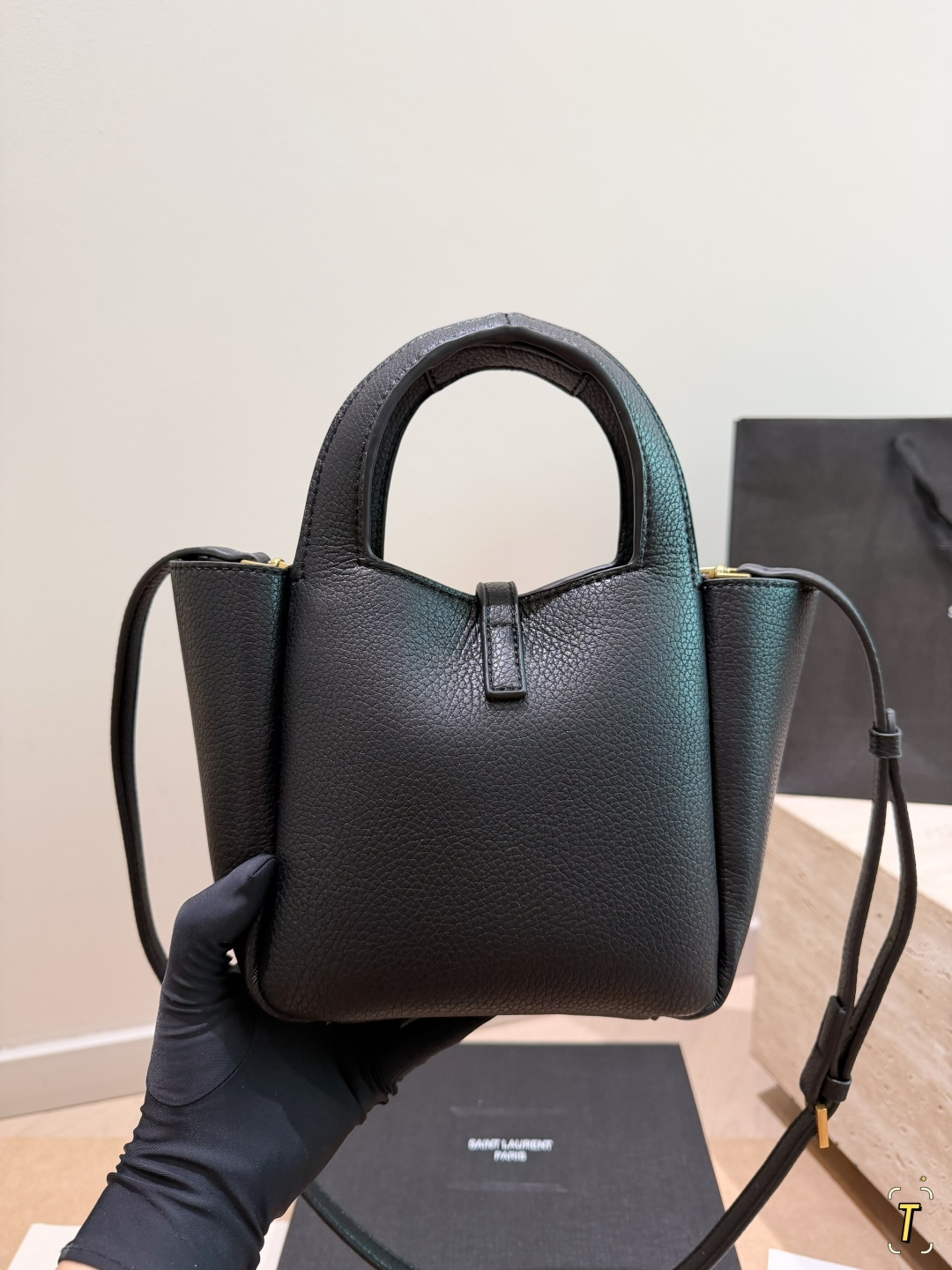 Chic YSL-Style Grained Leather Bucket Bag with Gold Logo, Top Handle & Adjustable Shoulder Strap