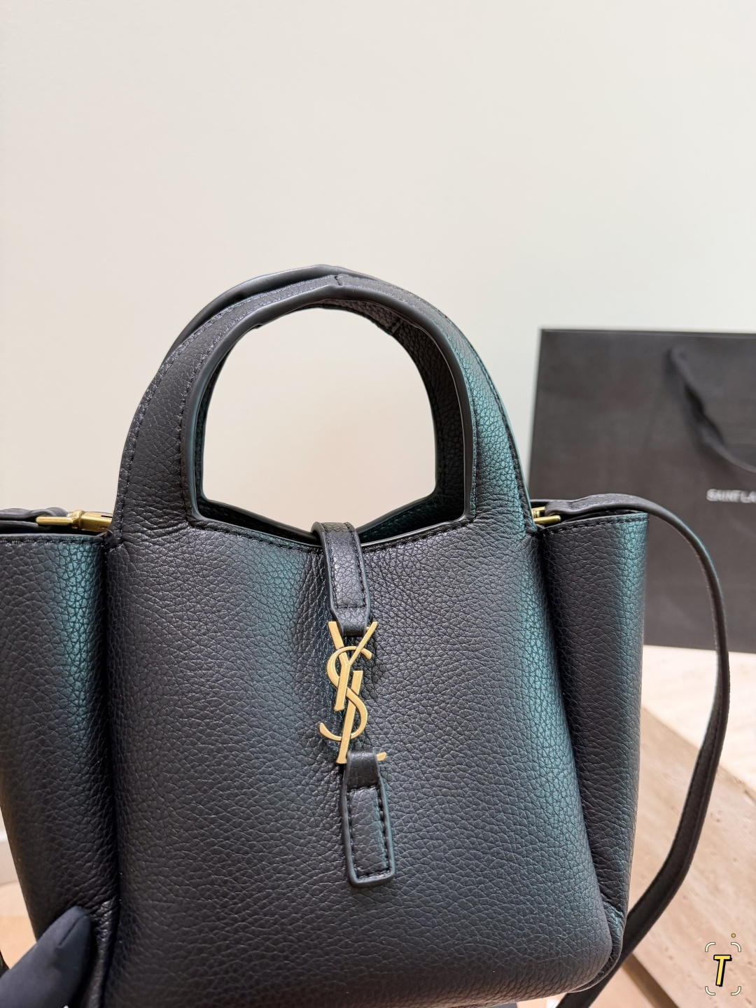 Chic YSL-Style Grained Leather Bucket Bag with Gold Logo, Top Handle & Adjustable Shoulder Strap