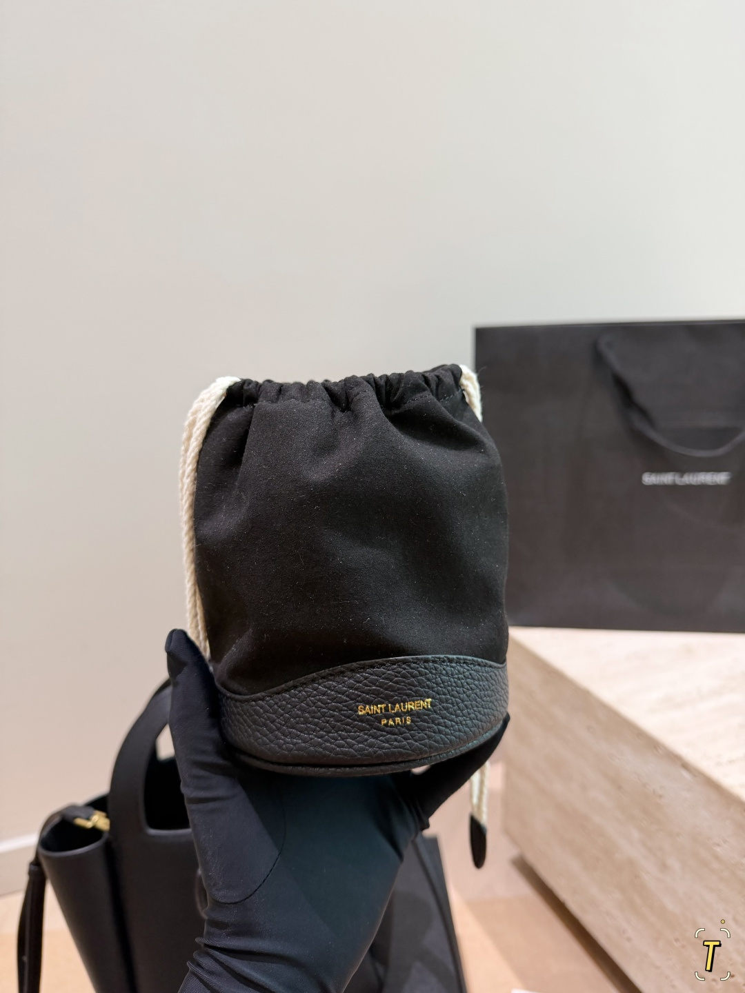 Chic YSL-Style Grained Leather Bucket Bag with Gold Logo, Top Handle & Adjustable Shoulder Strap