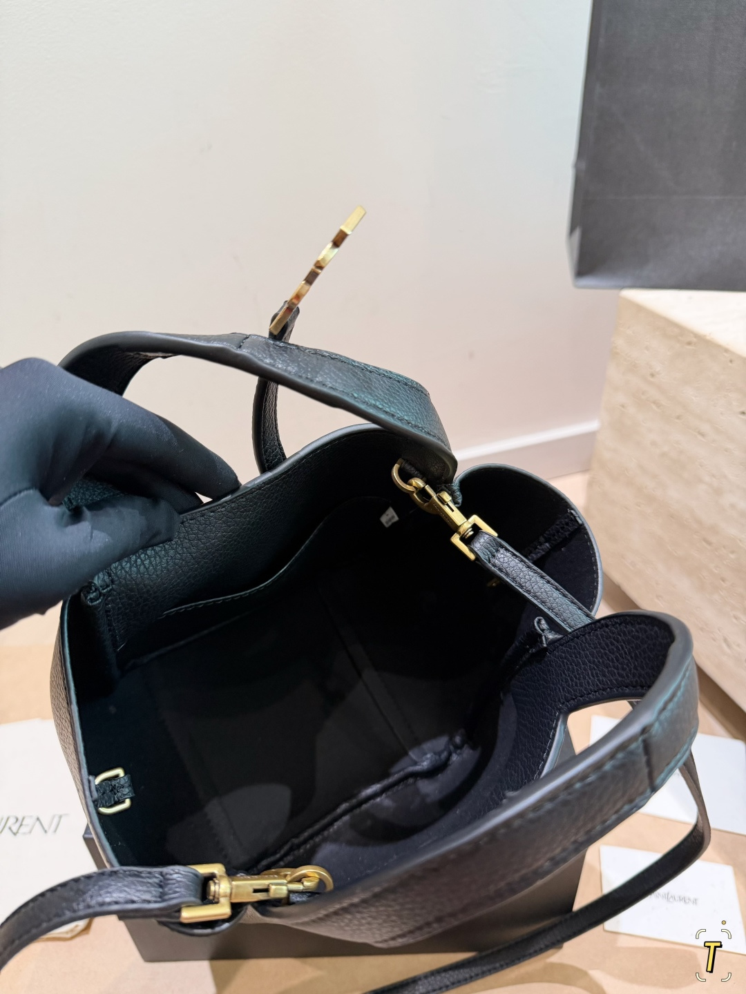 Chic YSL-Style Grained Leather Bucket Bag with Gold Logo, Top Handle & Adjustable Shoulder Strap
