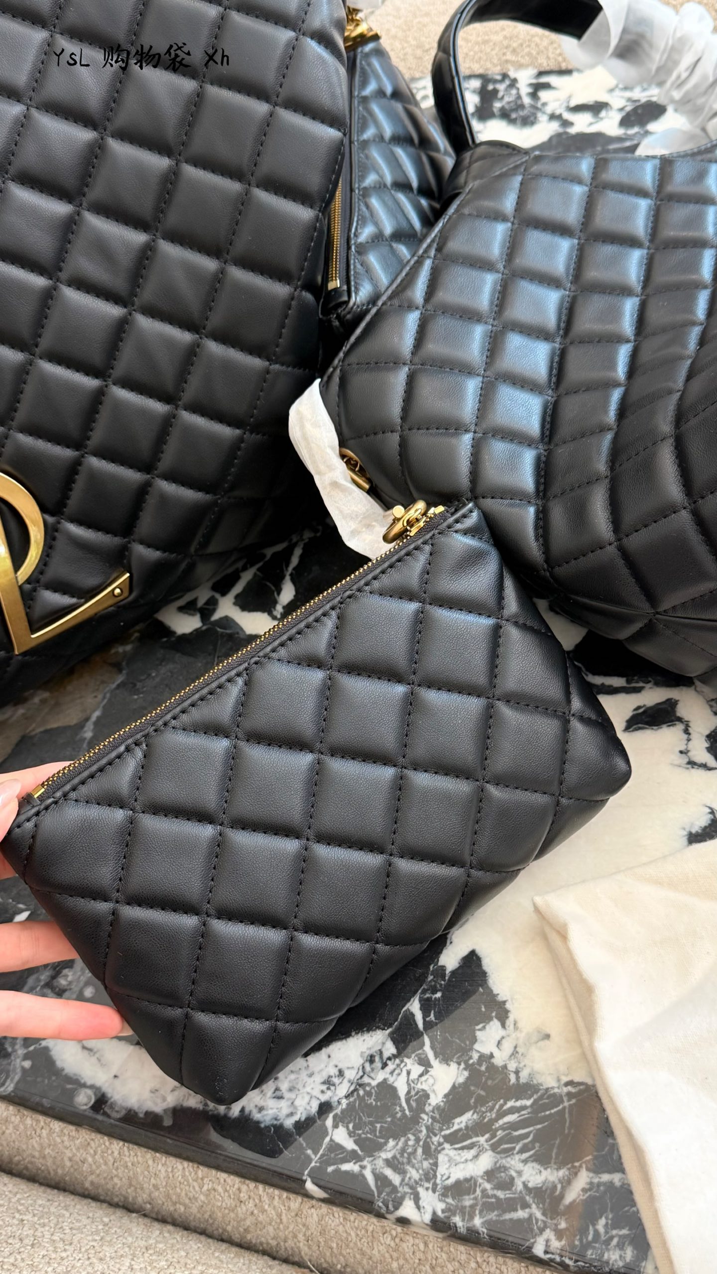 Chic Cassandre-Style Quilted Leather Tote Bag with Gold Logo & Detachable Pouch
