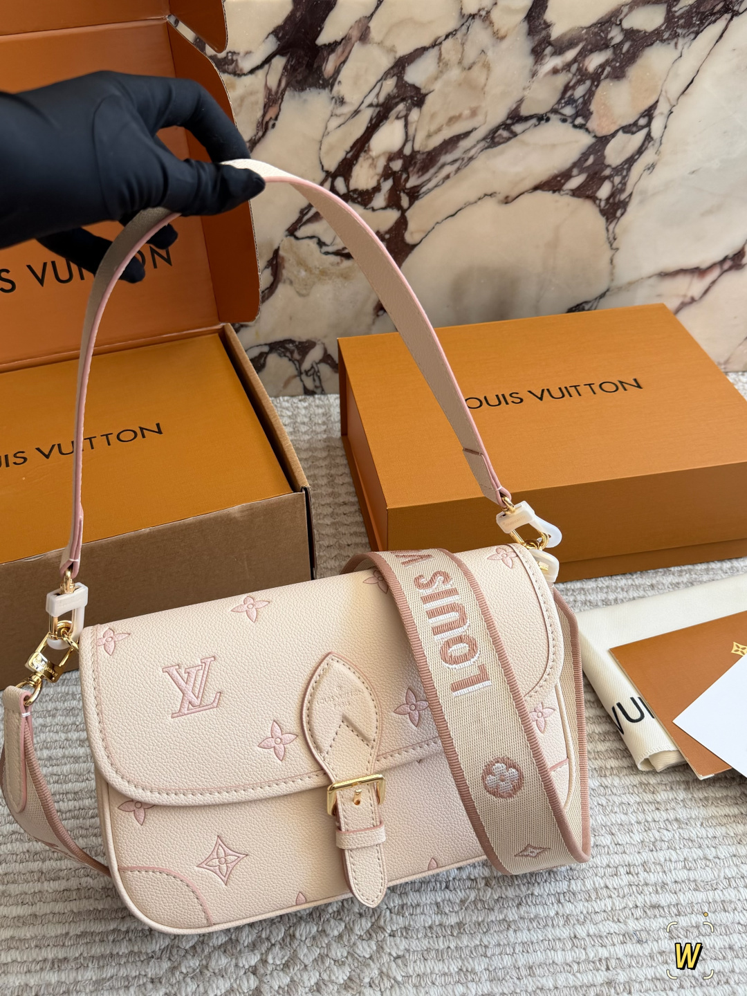 Chic Diane-Style Monogram Canvas Baguette Bag with Wide Embroidered Strap & Foldable Box